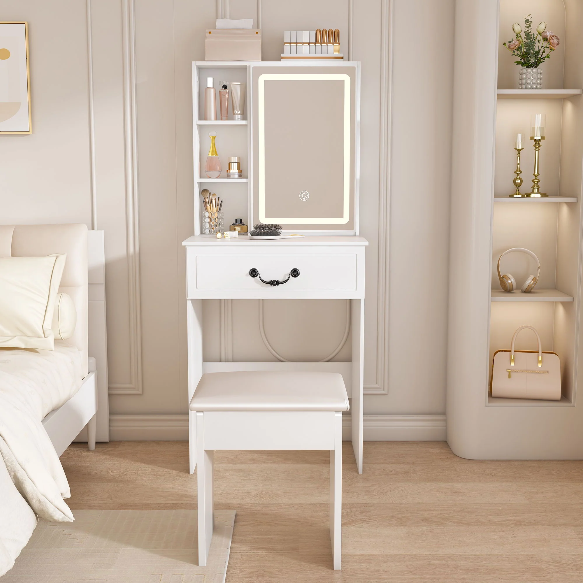 Modern Mini Dressing Table With Led-Lit Mirror & Hidden Storage, Adjustable Brightness Vanity Desk - White - Image 4