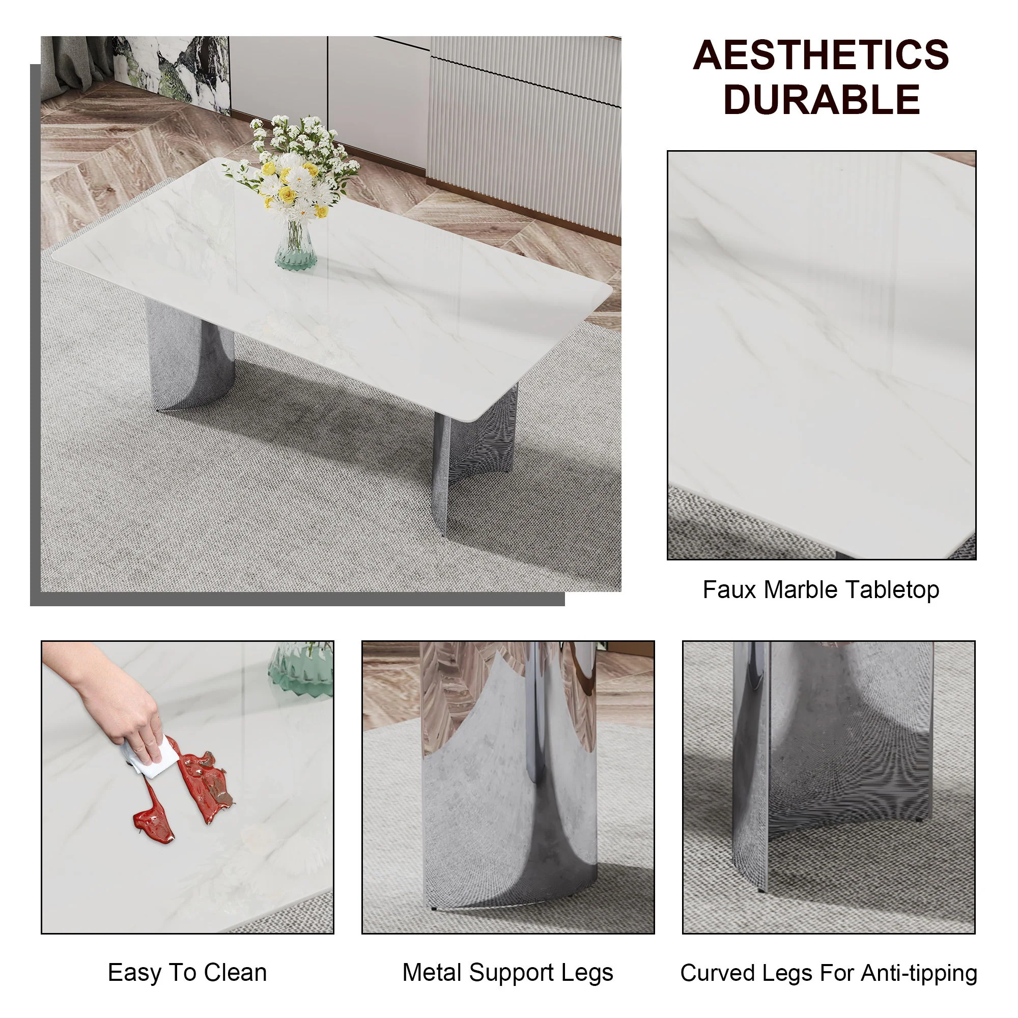 Modern Minimalist Dining Table With Imitation Marble Glass Desktop And Metal Legs - Image 8