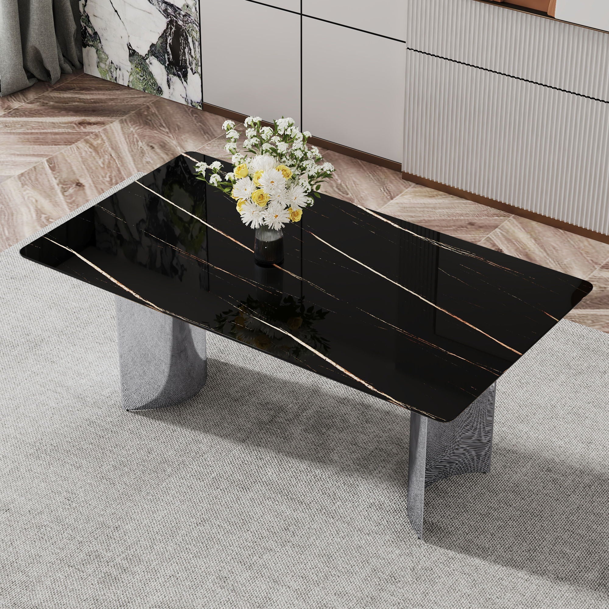 Modern Minimalist Dining Table With Imitation Marble Glass Desktop And Metal Legs - Image 9