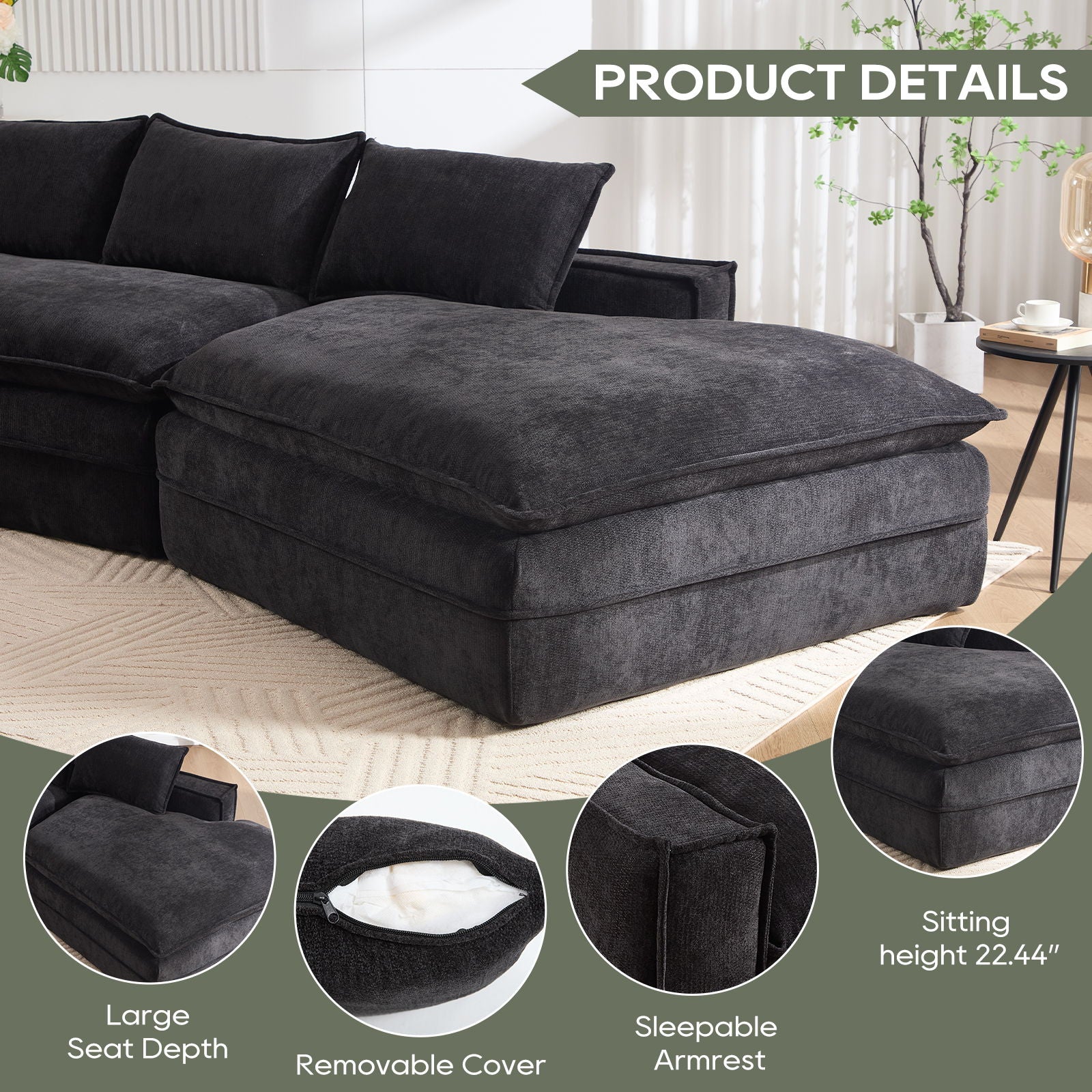 Modern Minimalist Modular Sectional Sofa With Deep Seats And Right Facing Chaise - Image 11