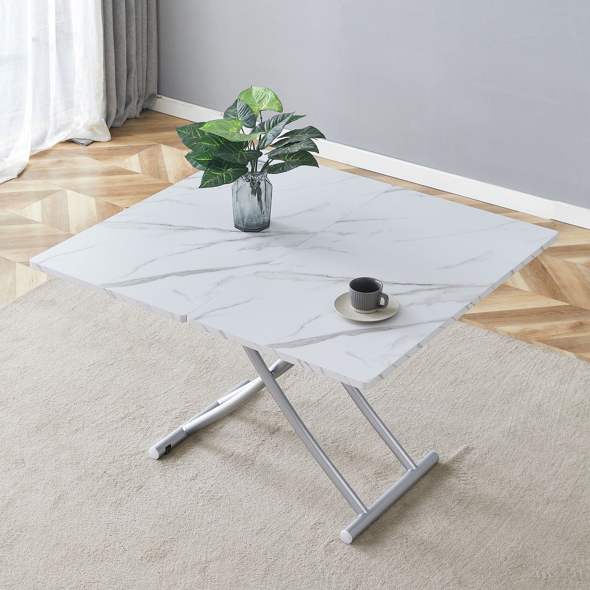 Modern Minimalist Multifunctional Lift Table With Metal Legs - White / Silver - Image 7