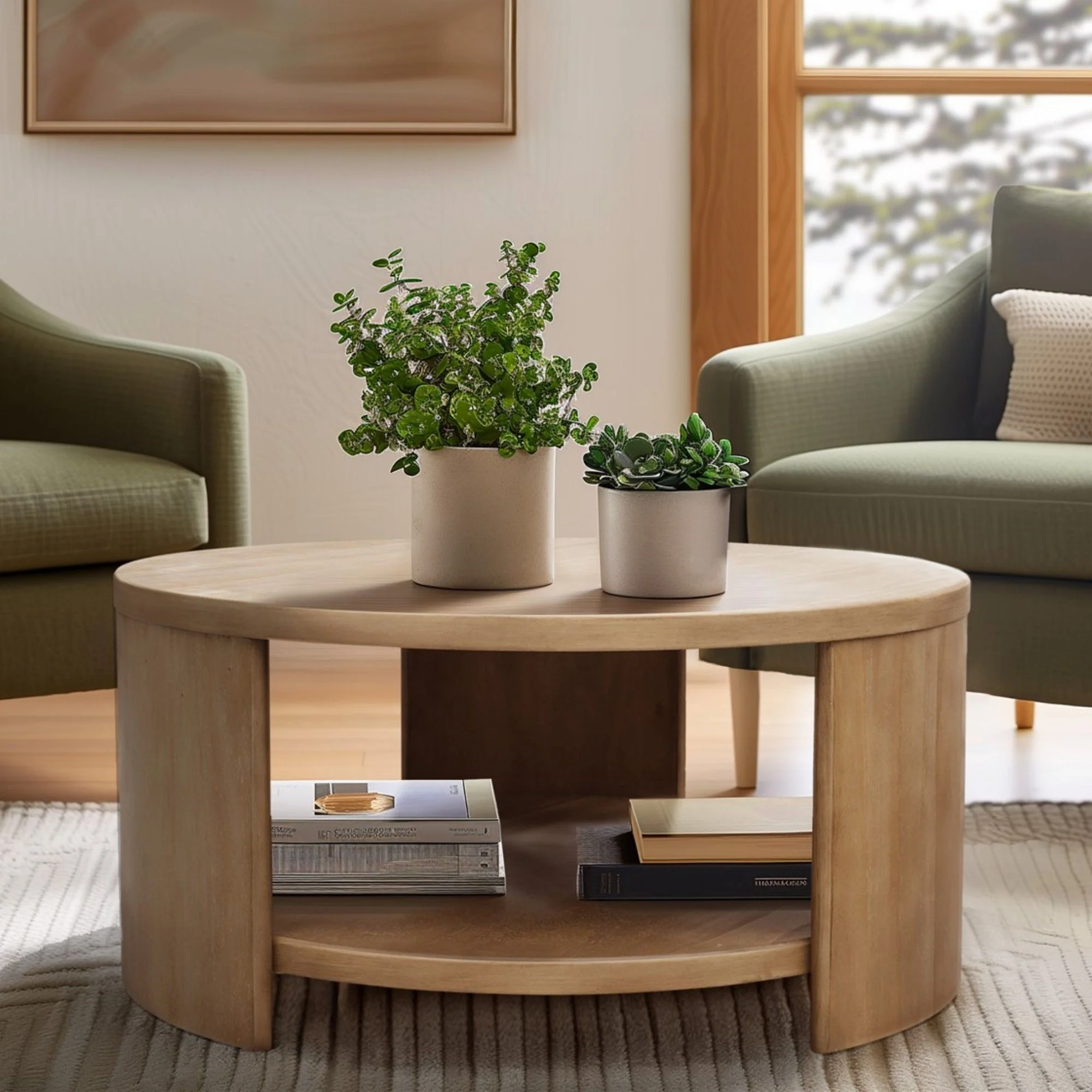 Minimalist Round Coffee Table With Shelf Storage - Natural - Image 2