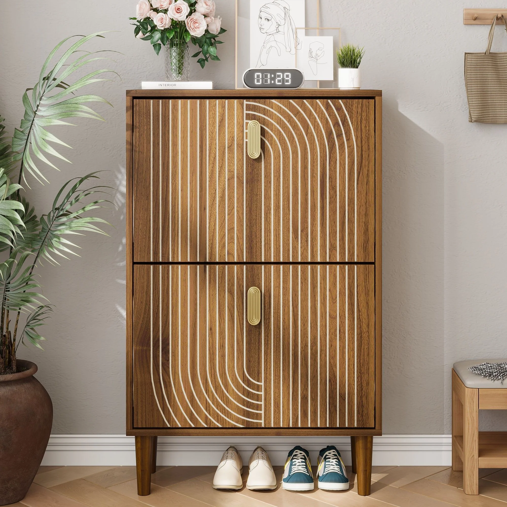 Modern Minimalist Shoe Storage Cabinet With 2 Flip Drawers And Metal Handles - Brown - Image 2