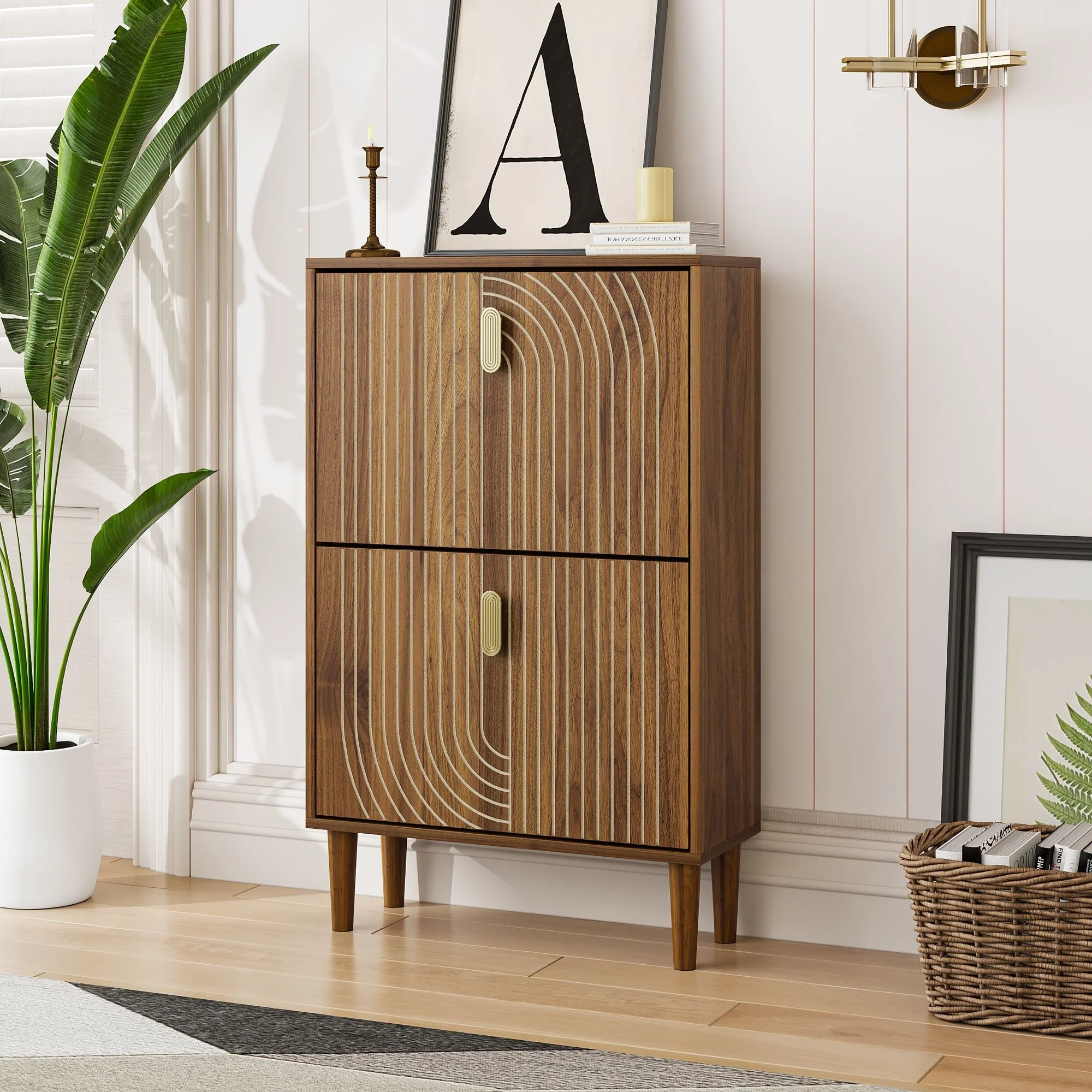 Modern Minimalist Shoe Storage Cabinet With 2 Flip Drawers And Metal Handles - Brown - Image 4