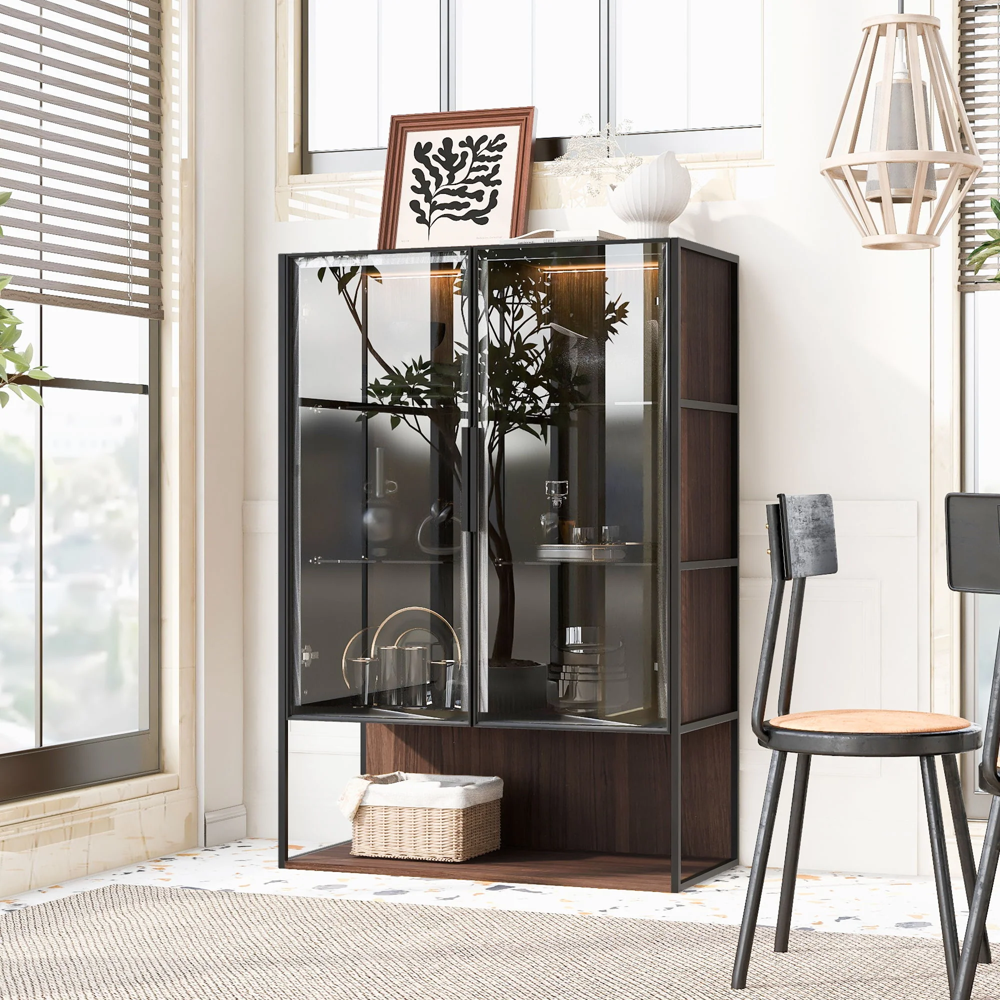 Modern Minimalist Tall Lighted Display Cabinet With Tempered Glass Door - Black / Dark Walnut - Image 5
