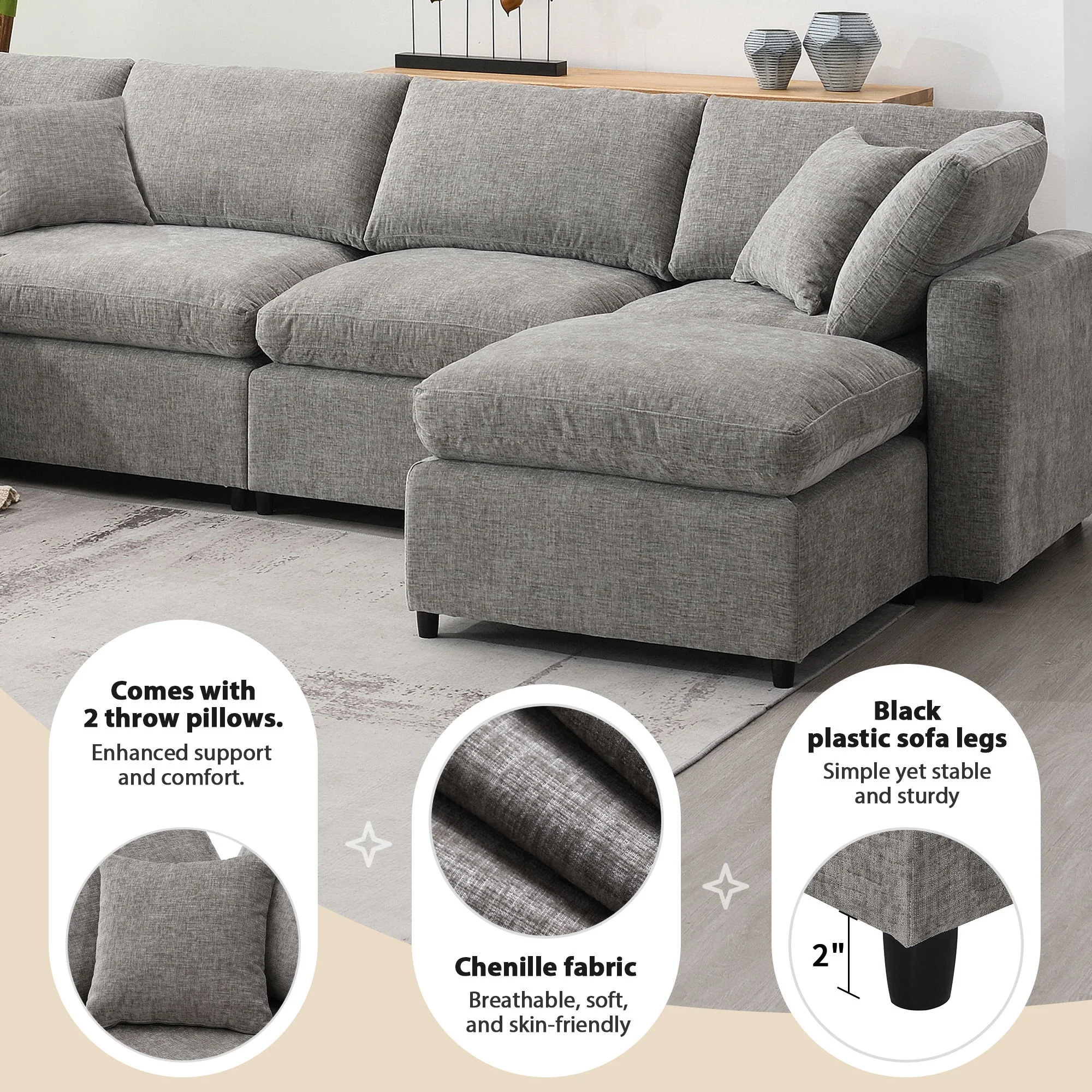 Modern Modular Cloud Sofa Bed, 6 Seat Sectional Couch Set With Ottoman, Free Combination, Convertible U Shaped Sleeper Sofa For Living Room - Image 12