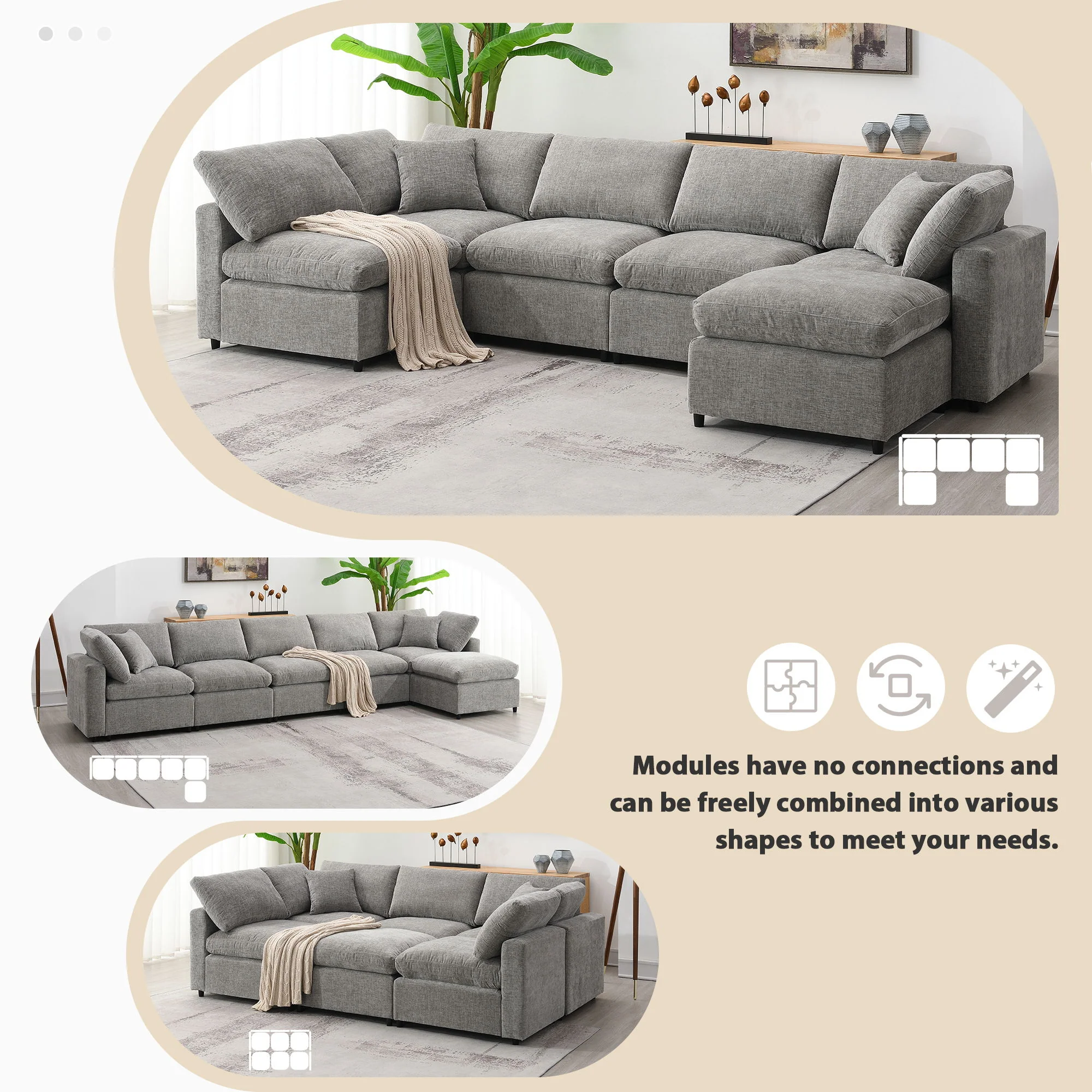 Modern Modular Cloud Sofa Bed, 6 Seat Sectional Couch Set With Ottoman, Free Combination, Convertible U Shaped Sleeper Sofa For Living Room - Image 15