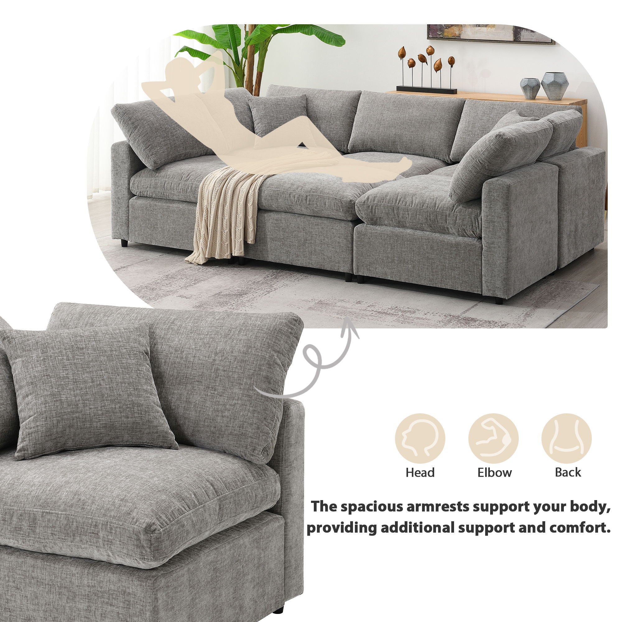 Modern Modular Cloud Sofa Bed, 6 Seat Sectional Couch Set With Ottoman, Free Combination, Convertible U Shaped Sleeper Sofa For Living Room - Image 18