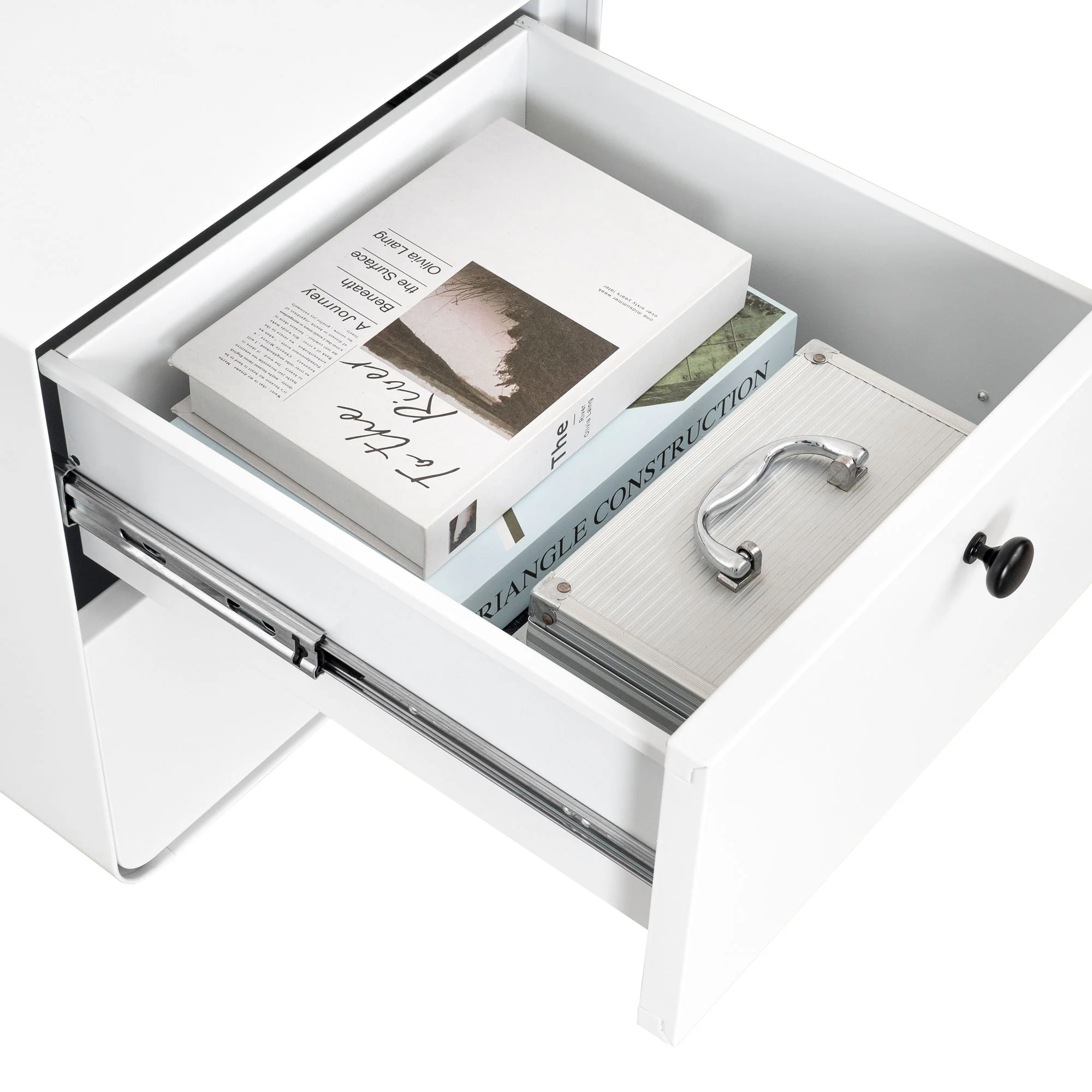 Modern Night Stand Storage Cabinet For Living Room Bedroom, Steel Cabinet With 2 Drawers, Bedside Furniture, Circular Handle - White - Image 5
