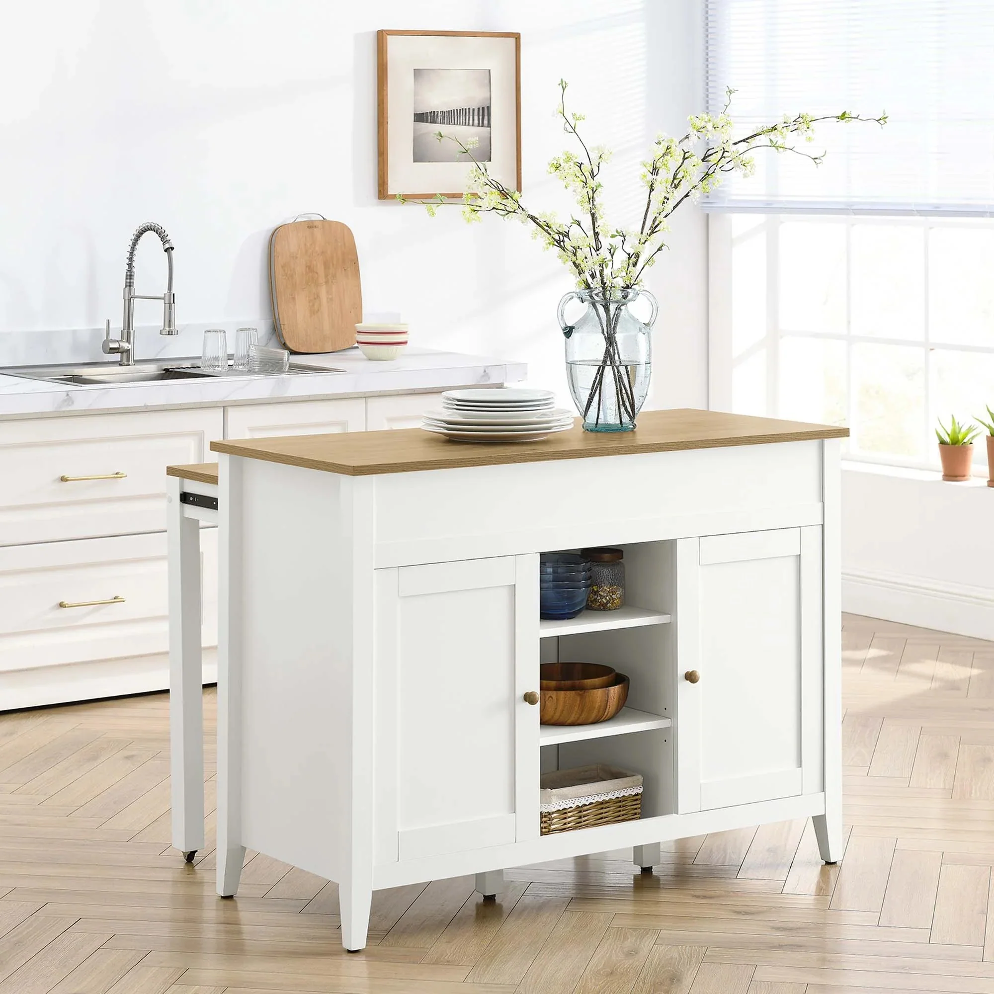Modern Oak White Kitchen Island with Pull-Out Butcher Block Table - Image 2
