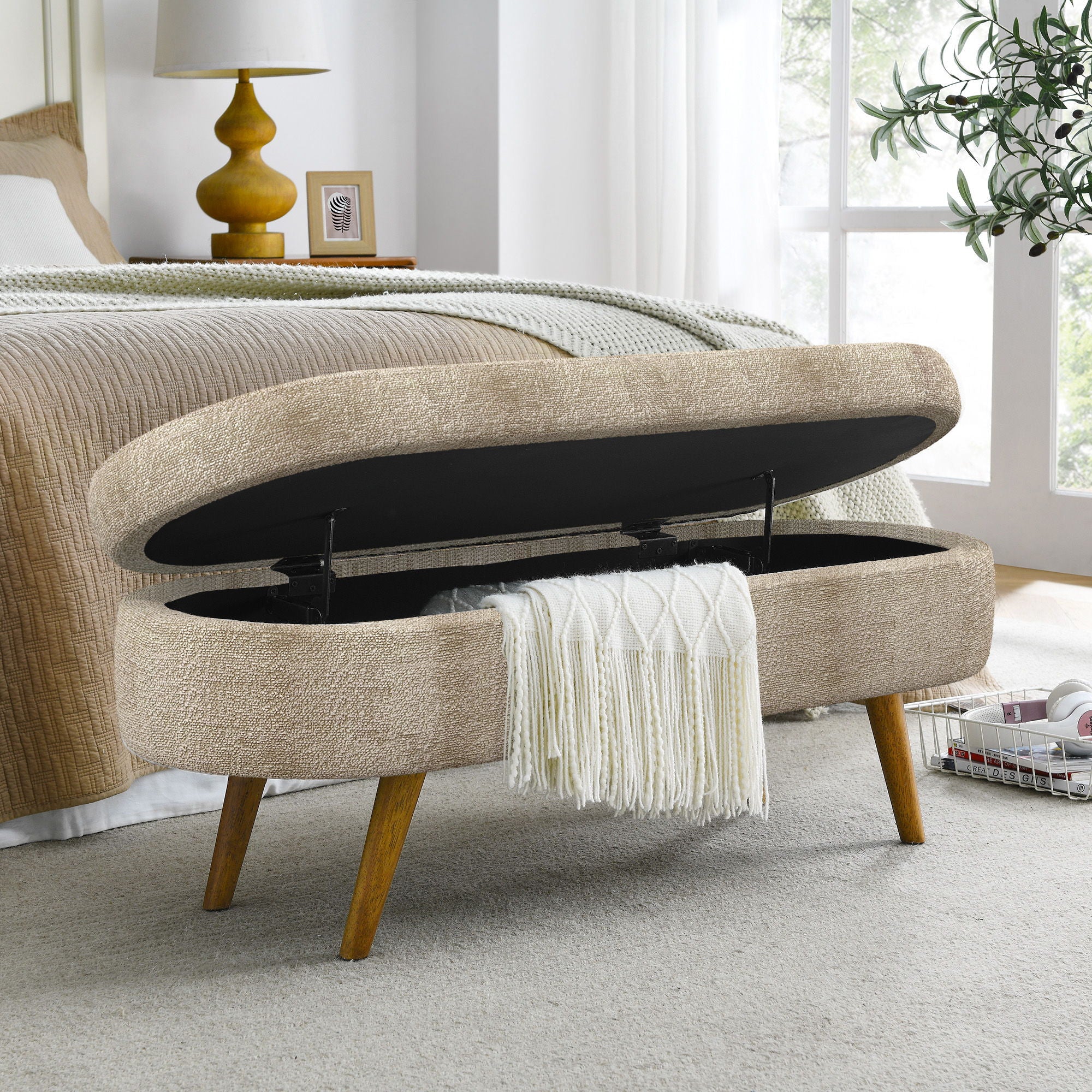 Modern Ottoman Oval Storage Bench With Rubber Wood Legs - Image 17