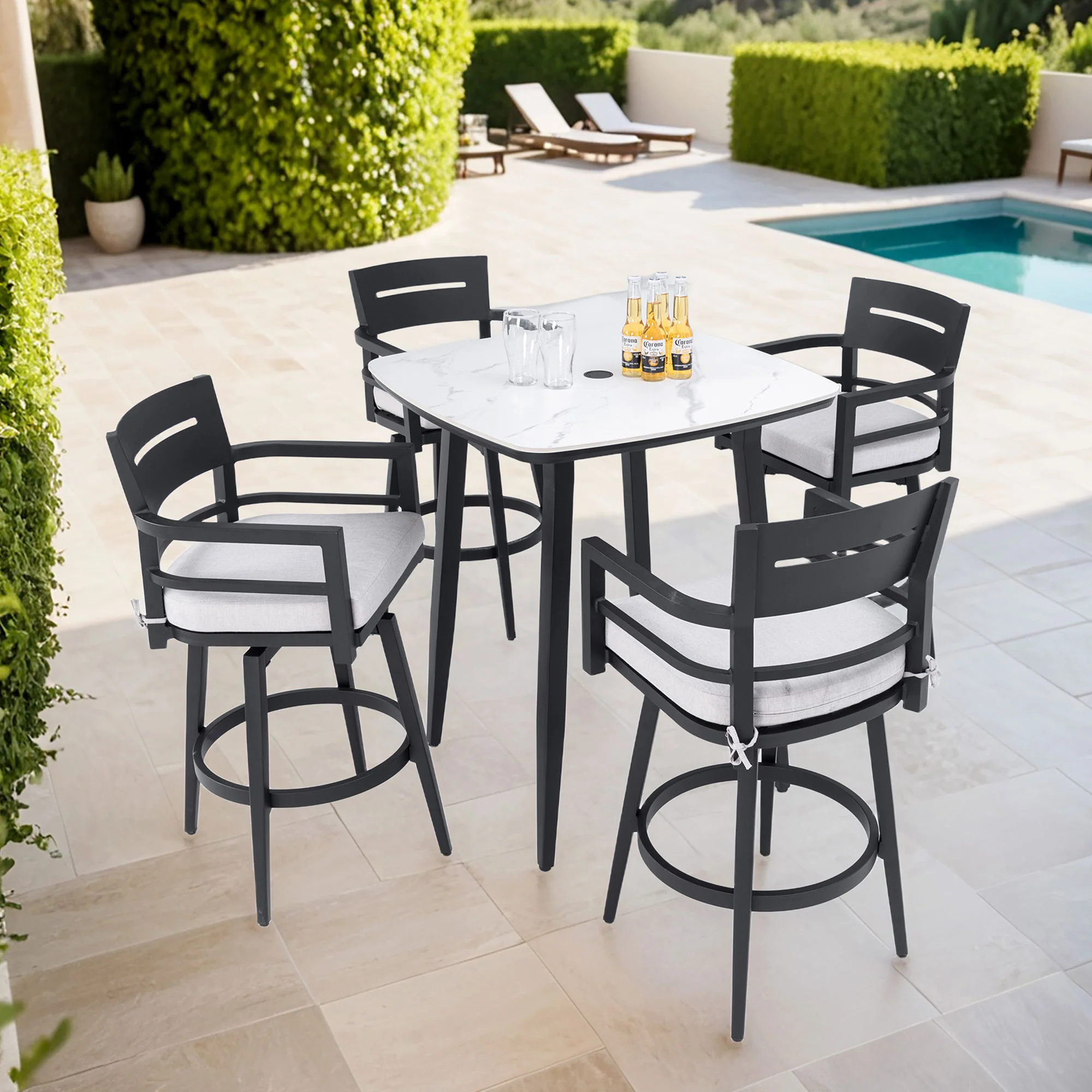 Modern Outdoor Patio Bar Set, Rounded Square Table & Bar Chairs, Non Rust Frame, Tapered Legs, Sunbrella Cushion - Image 11
