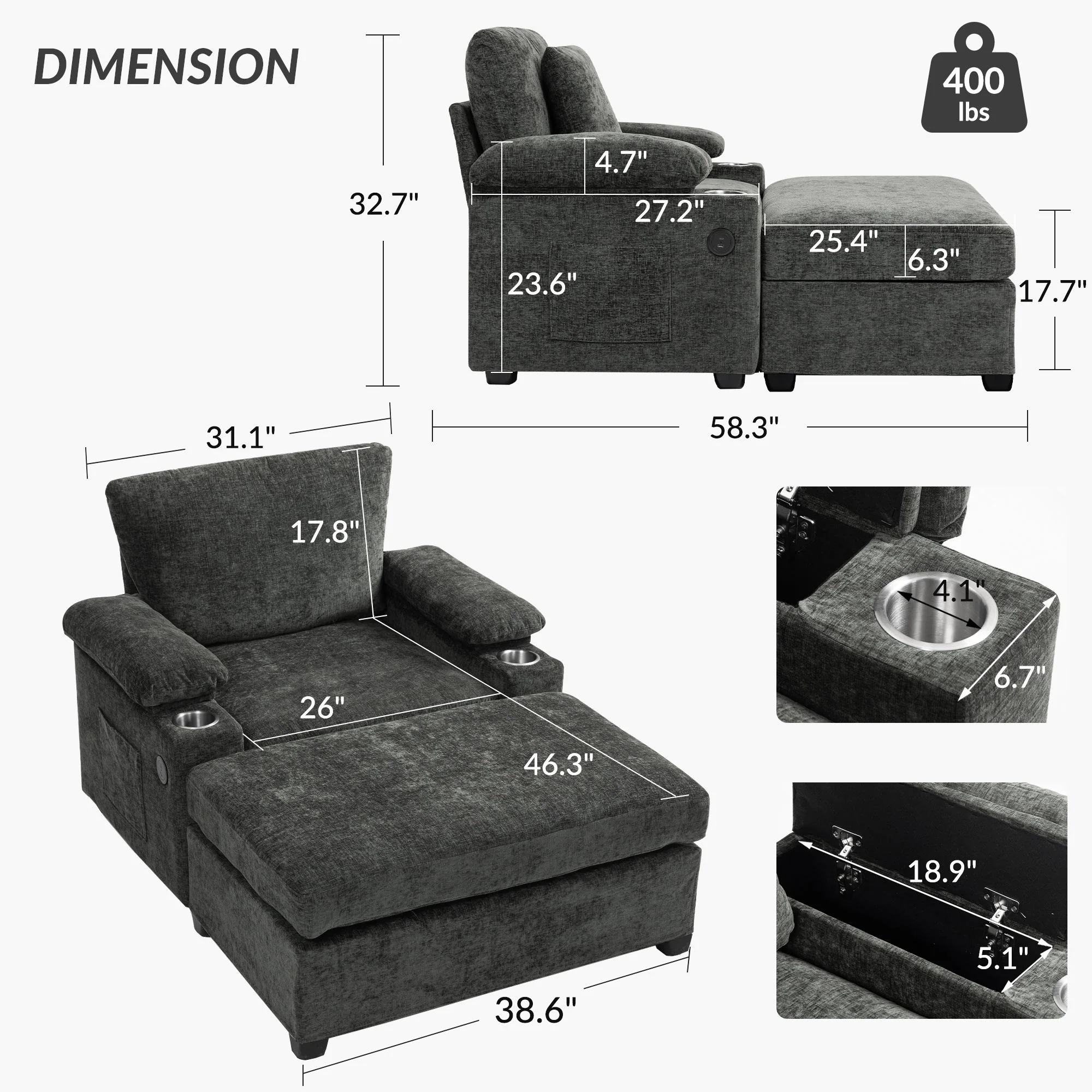 Modern Oversized Chair With Ottoman, Cupholders And USB Charging Ports - Image 4