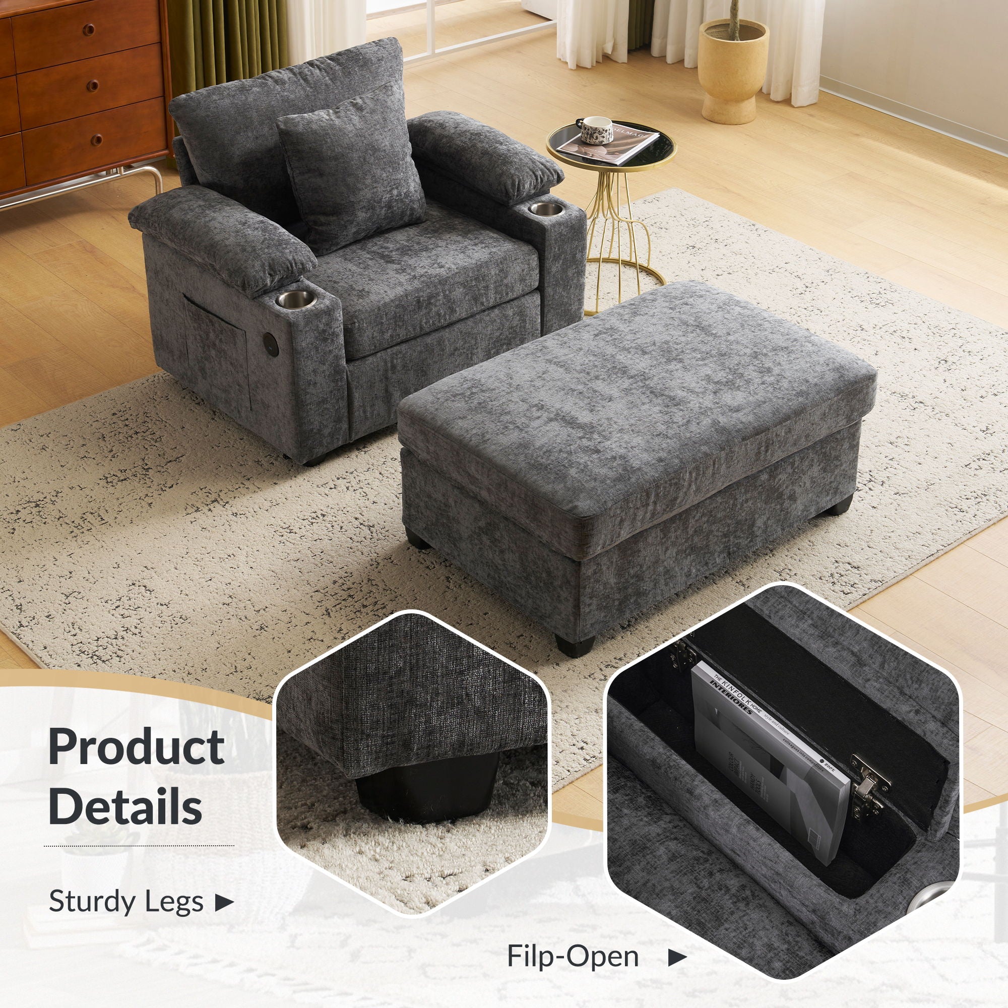 Modern Oversized Chair With Ottoman, Cupholders And USB Charging Ports - Image 7