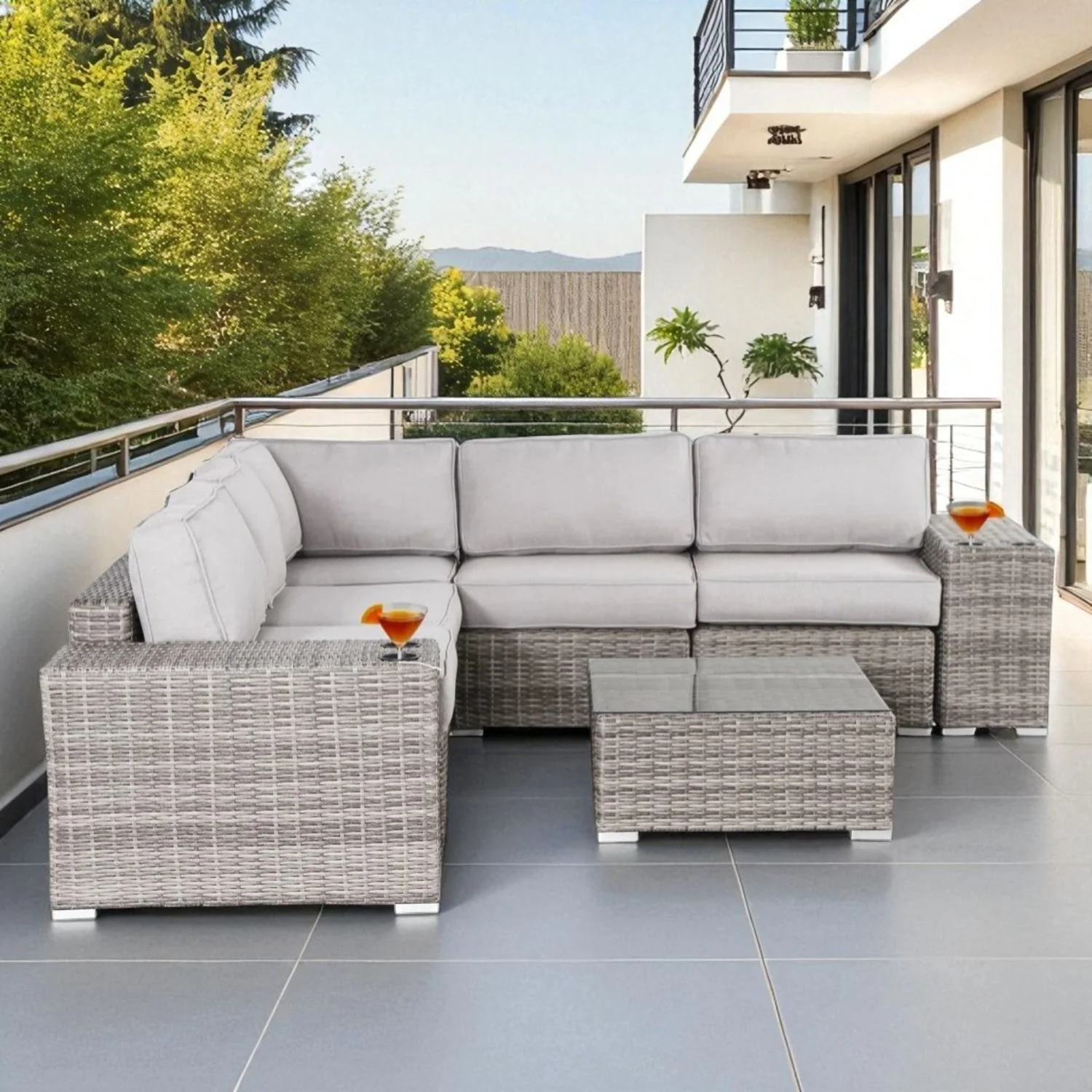 Modern Patio Rattan Sectional Set With Cushions - Image 35