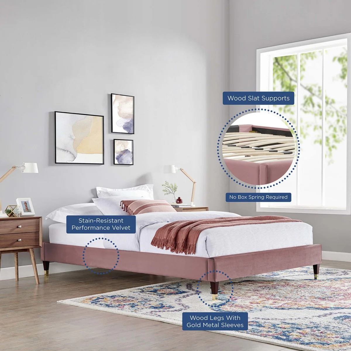 Modern Performance Velvet Platform Bed with French Piping and Gold Detail - Image 4