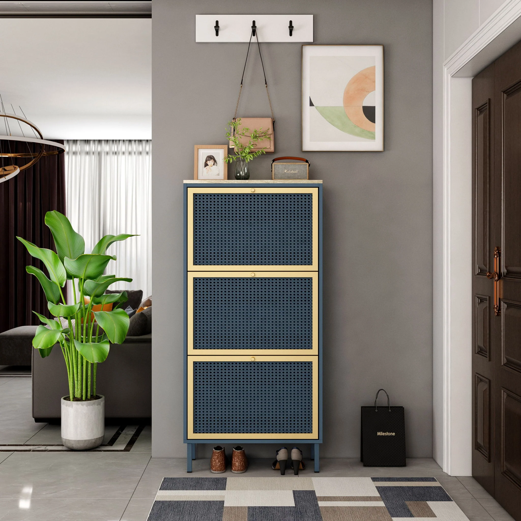 Modern Rattan 3 Door Shoe Rack Cabinet For Entryway - Image 10