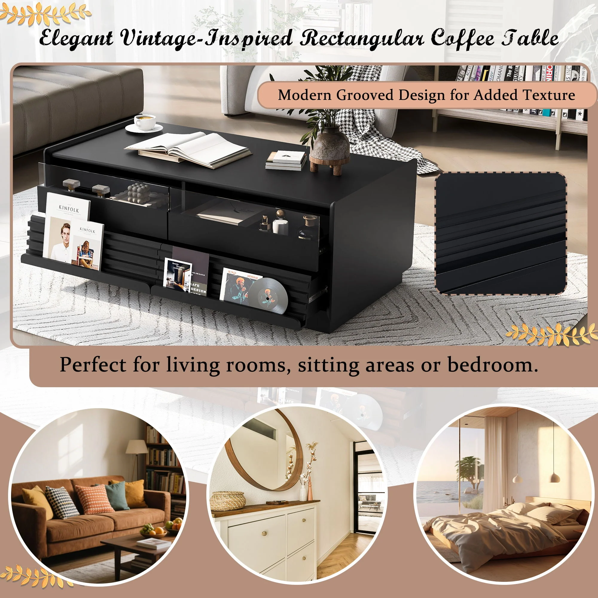 Modern Rectangle Coffee Table With 4 Drawers And 2 Display Shelves - Image 17