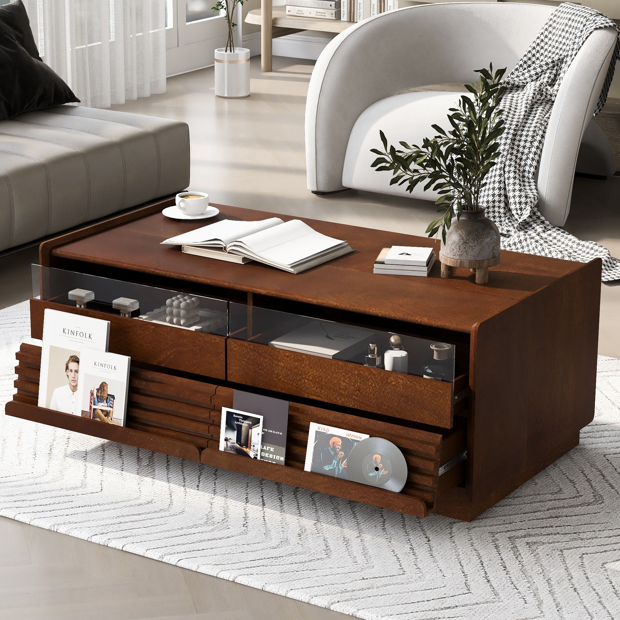 Modern Rectangle Coffee Table With 4 Drawers And 2 Display Shelves - Image 6