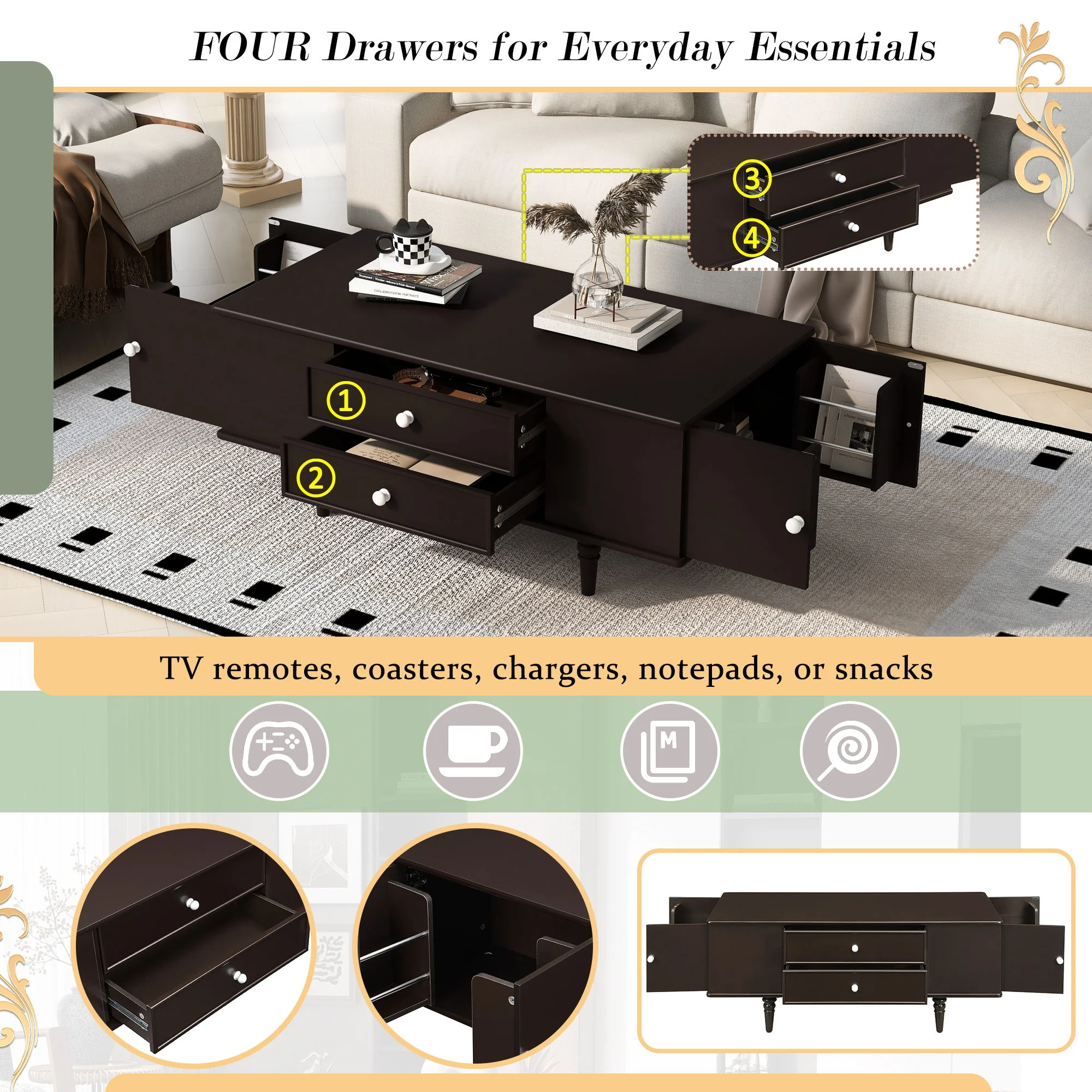 Modern Rectangle Coffee Table With Four Drawers - Image 6