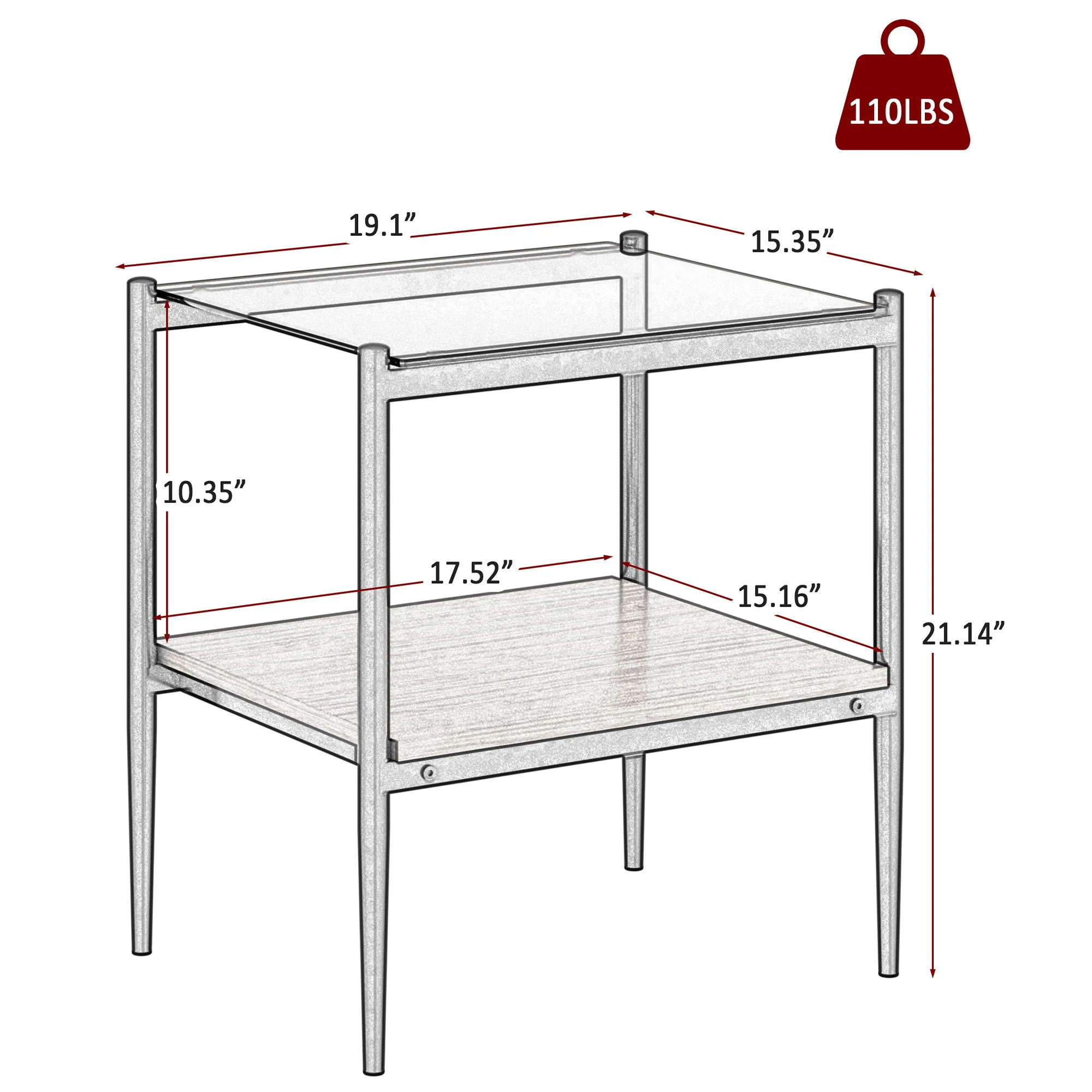 Modern Rectangle End Table (Set of 2) With Tempered Glass Tabletop And Layer - Brown - Image 8