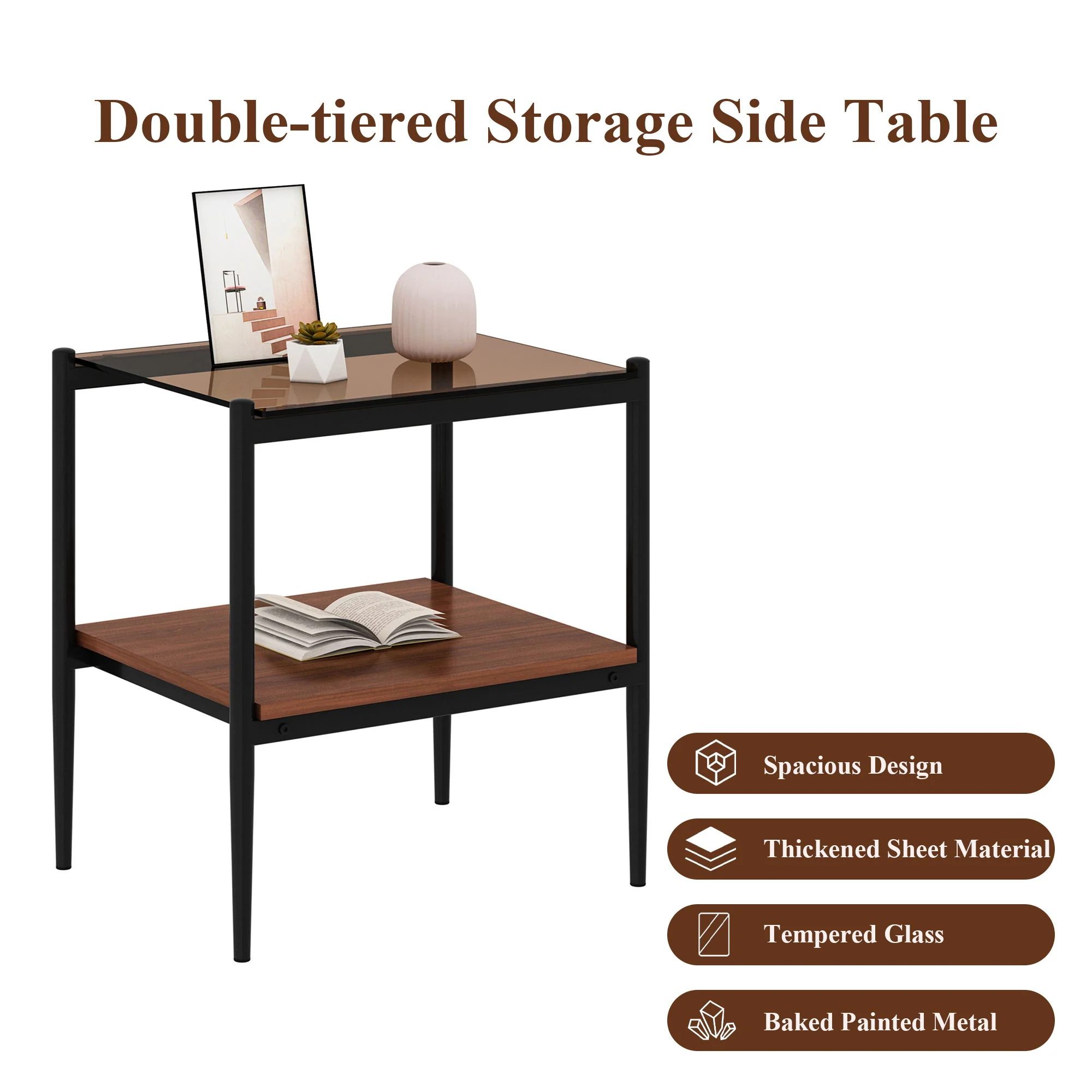 Modern Rectangle End Table (Set of 2) With Tempered Glass Tabletop And Layer - Brown - Image 9