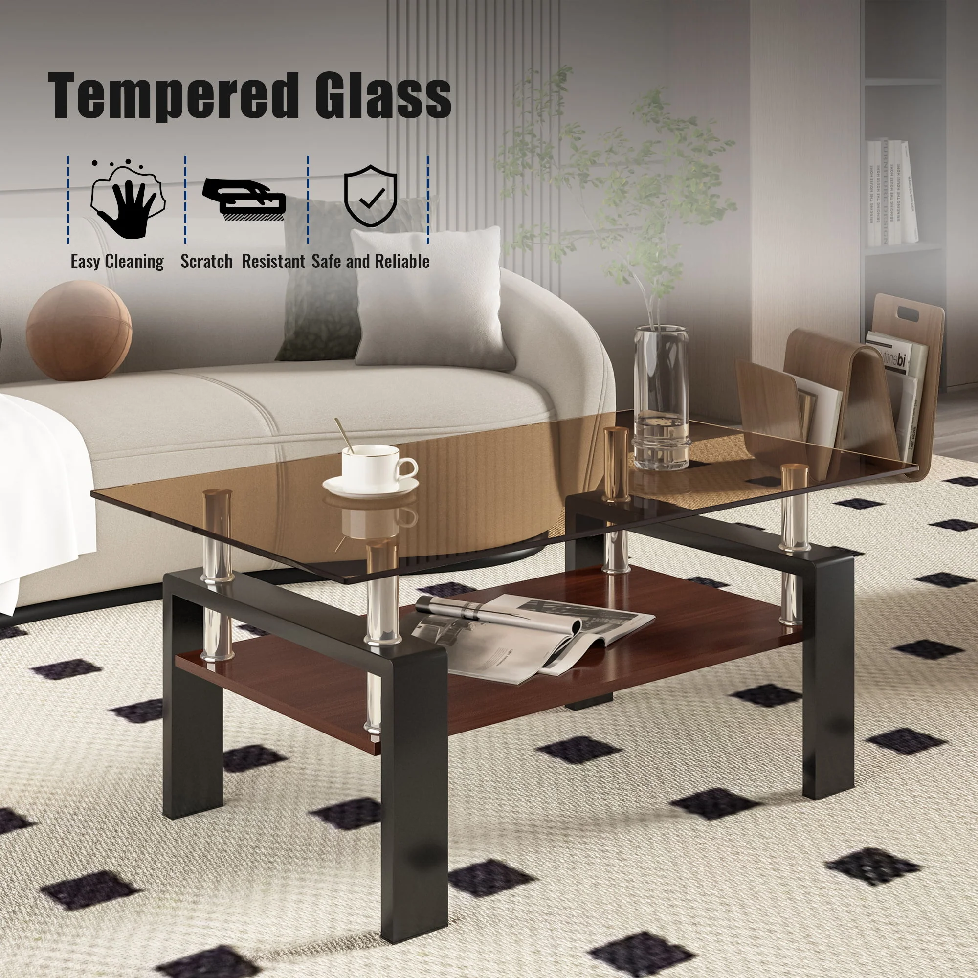 Modern Rectangular Coffee Table With Tempered Glass Top - Image 13