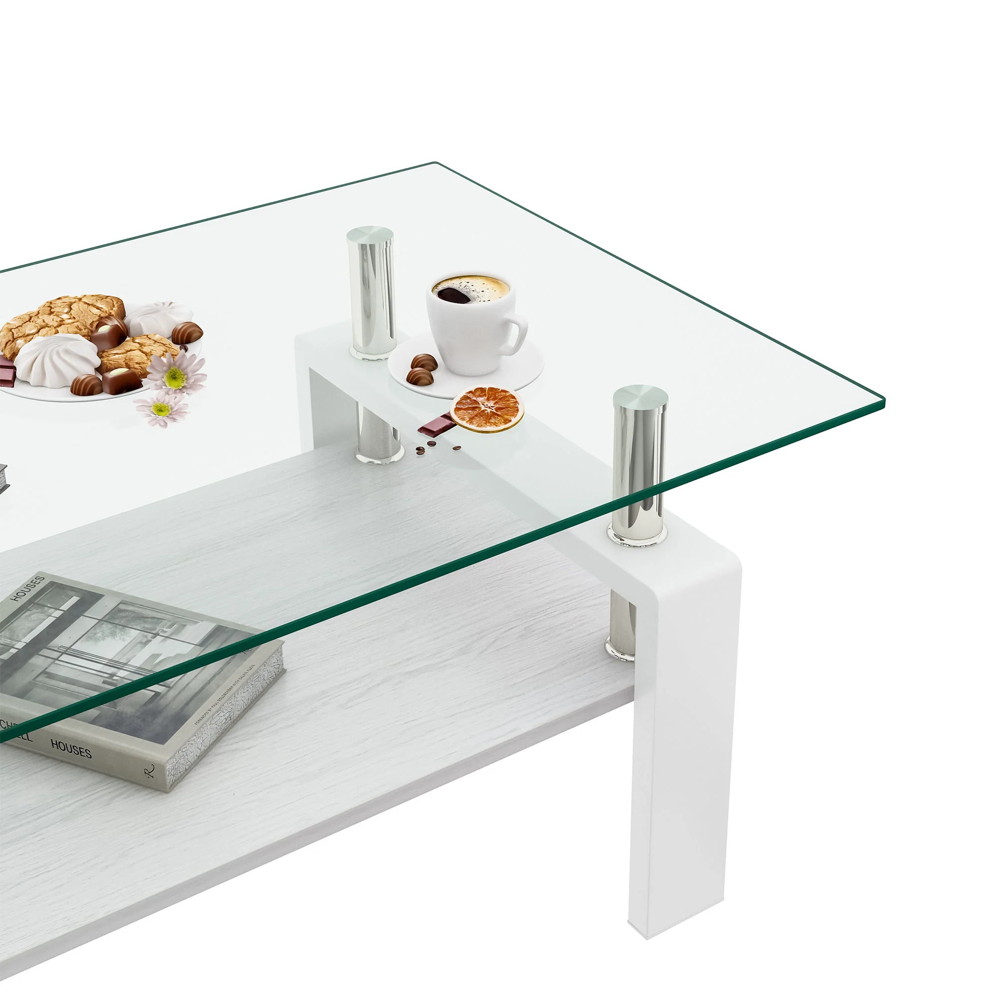 Modern Rectangular Coffee Table With Tempered Transparent Glass Top And Storage Shelf - Image 16