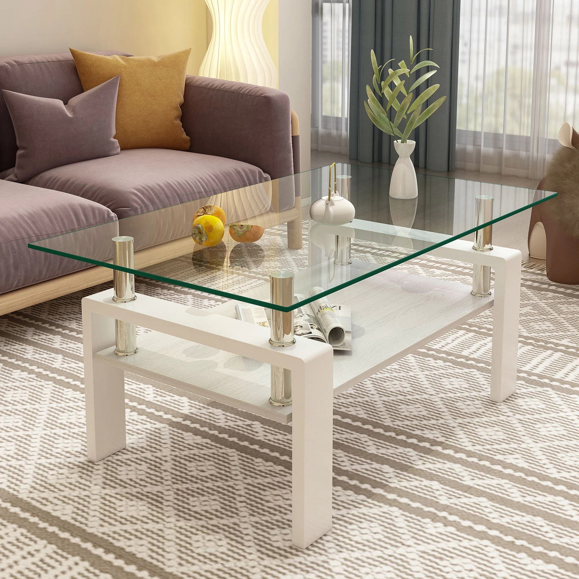Modern Rectangular Coffee Table With Tempered Transparent Glass Top And Storage Shelf - Image 20