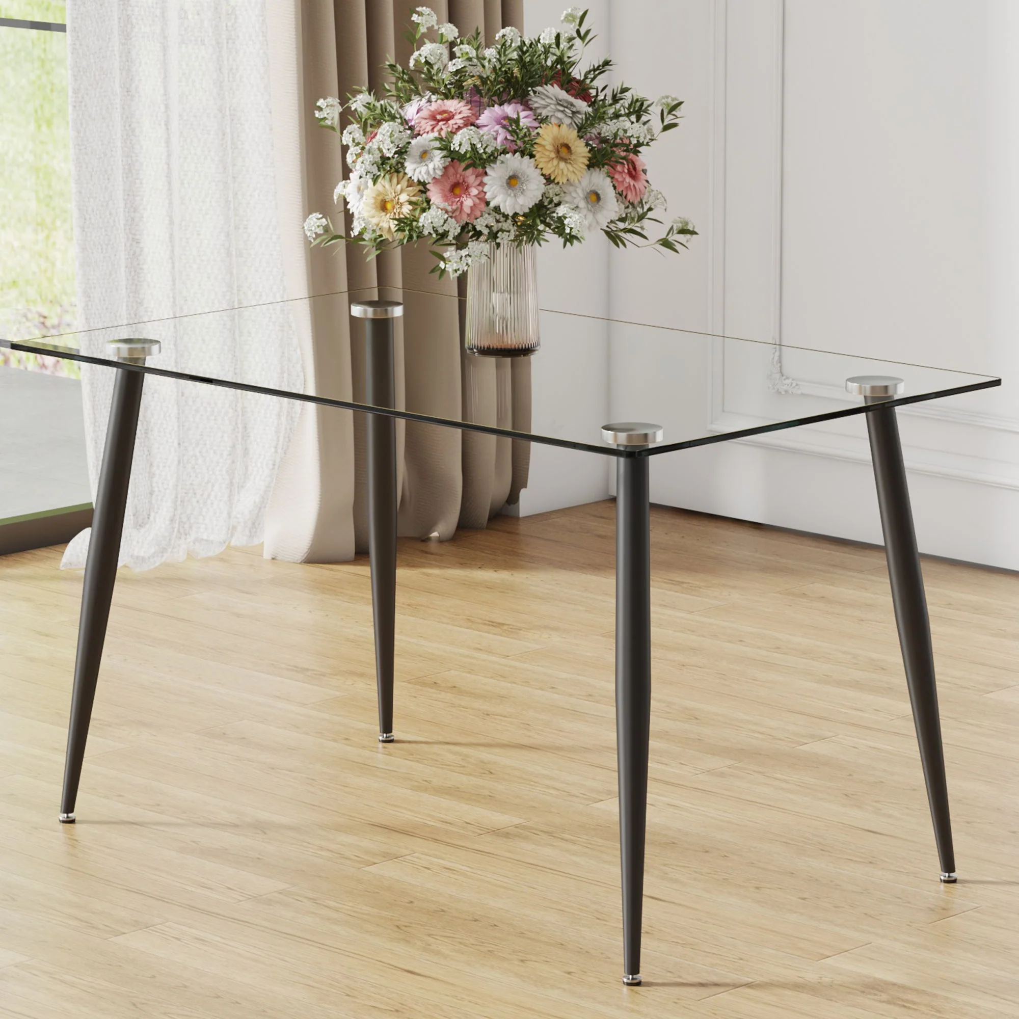 Modern Rectangular Glass Dining Table With Tempered Glass Top And Metal Legs For 4 - 6 People - Black / Transparent - Image 4