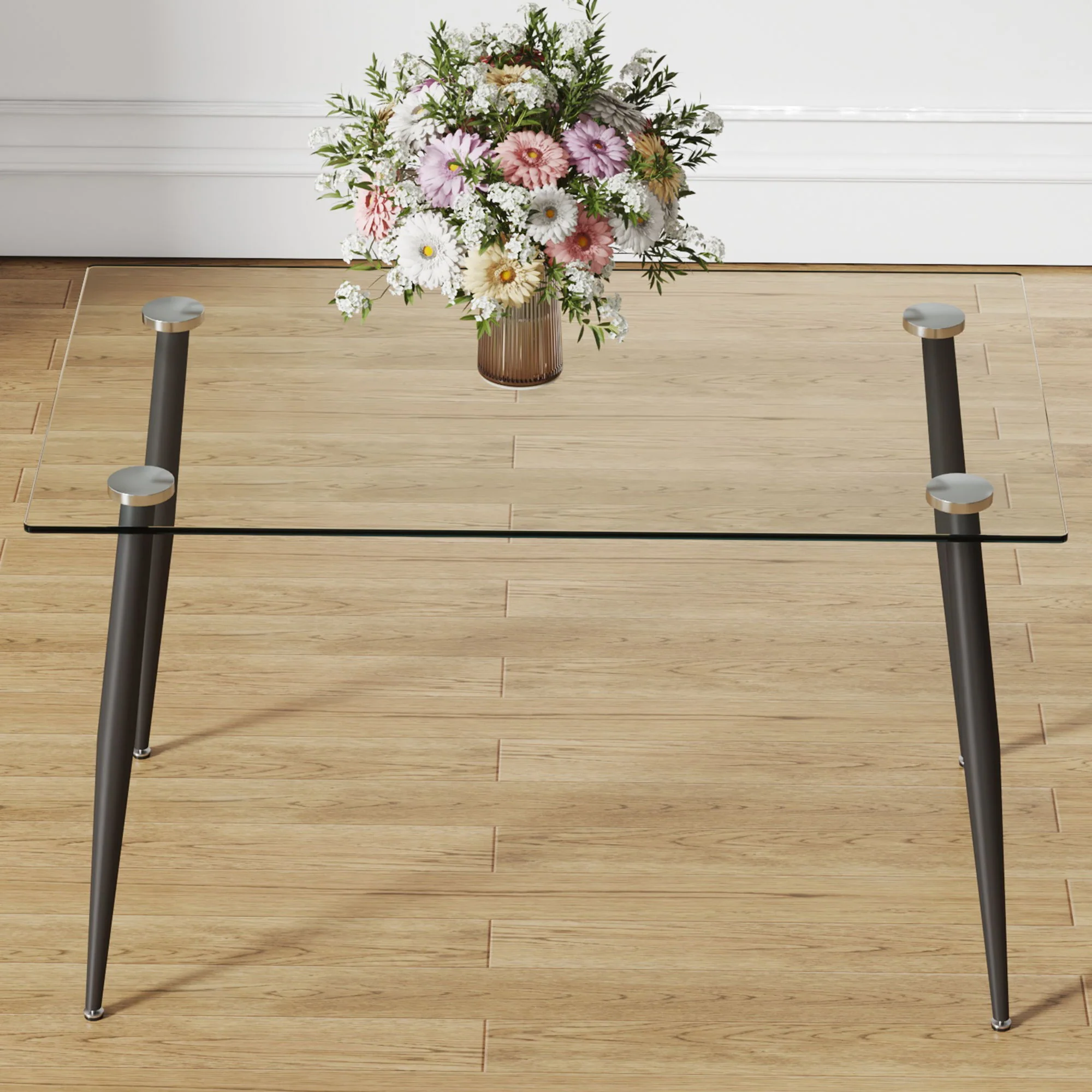 Modern Rectangular Glass Dining Table With Tempered Glass Top And Metal Legs For 4 - 6 People - Black / Transparent - Image 6