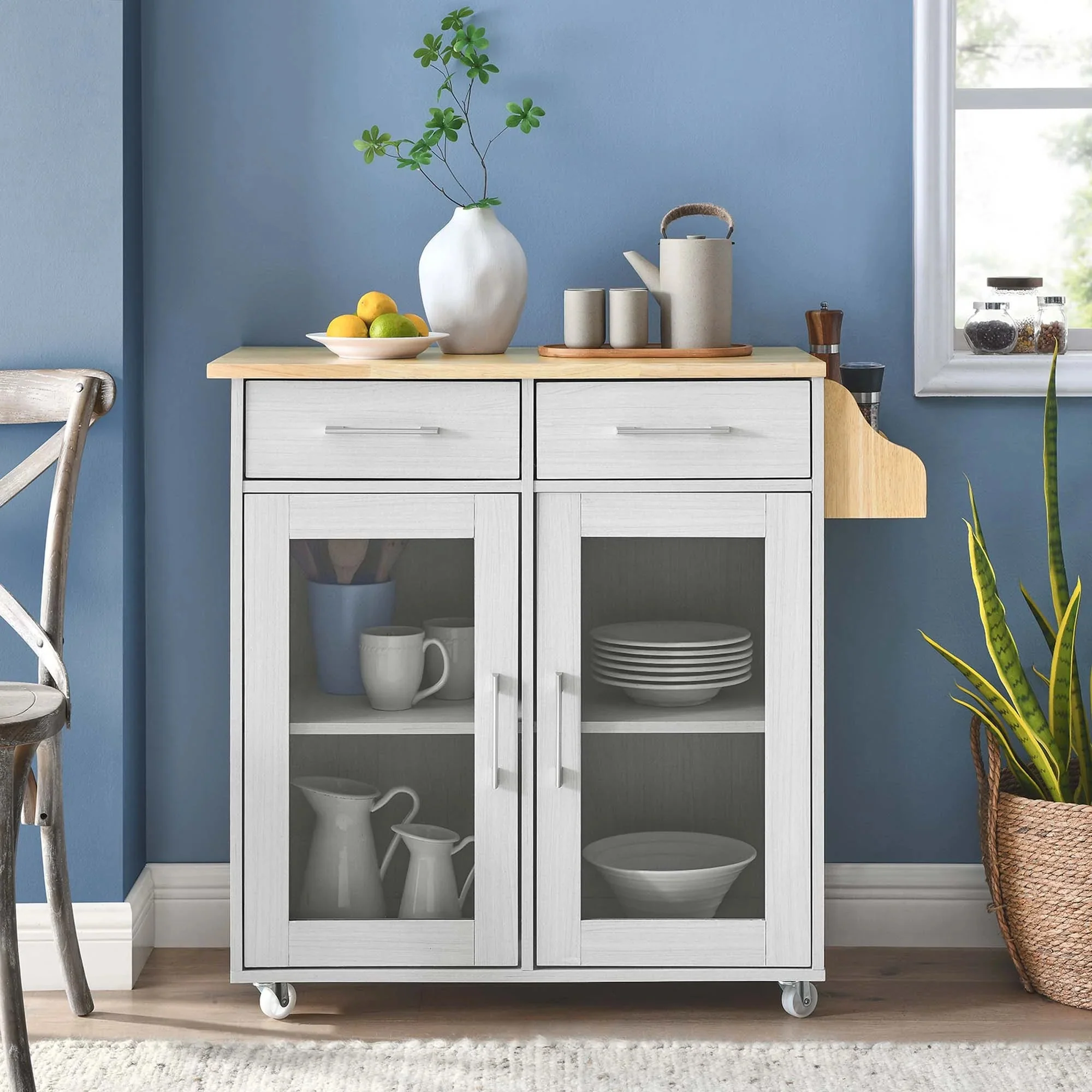 Modern Rolling Kitchen Cart with Rubberwood Top and Spice Rack – Light Gray 33 Inch - Image 10
