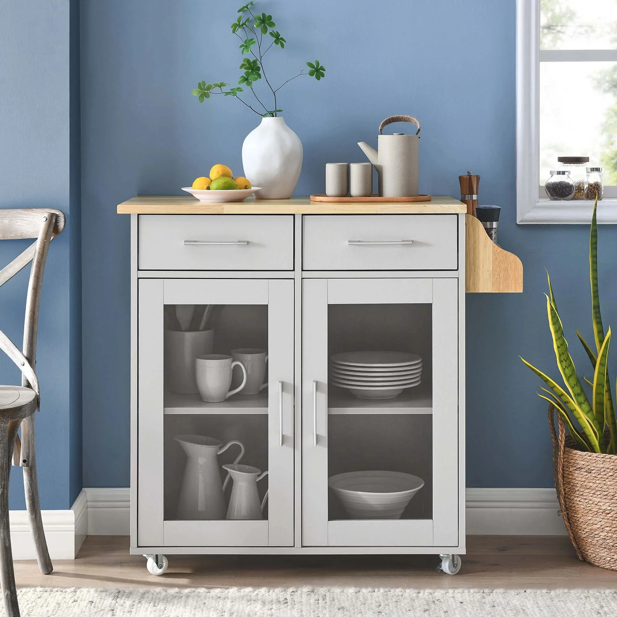 Modern Rolling Kitchen Cart with Rubberwood Top and Spice Rack – Light Gray 33 Inch - Image 2