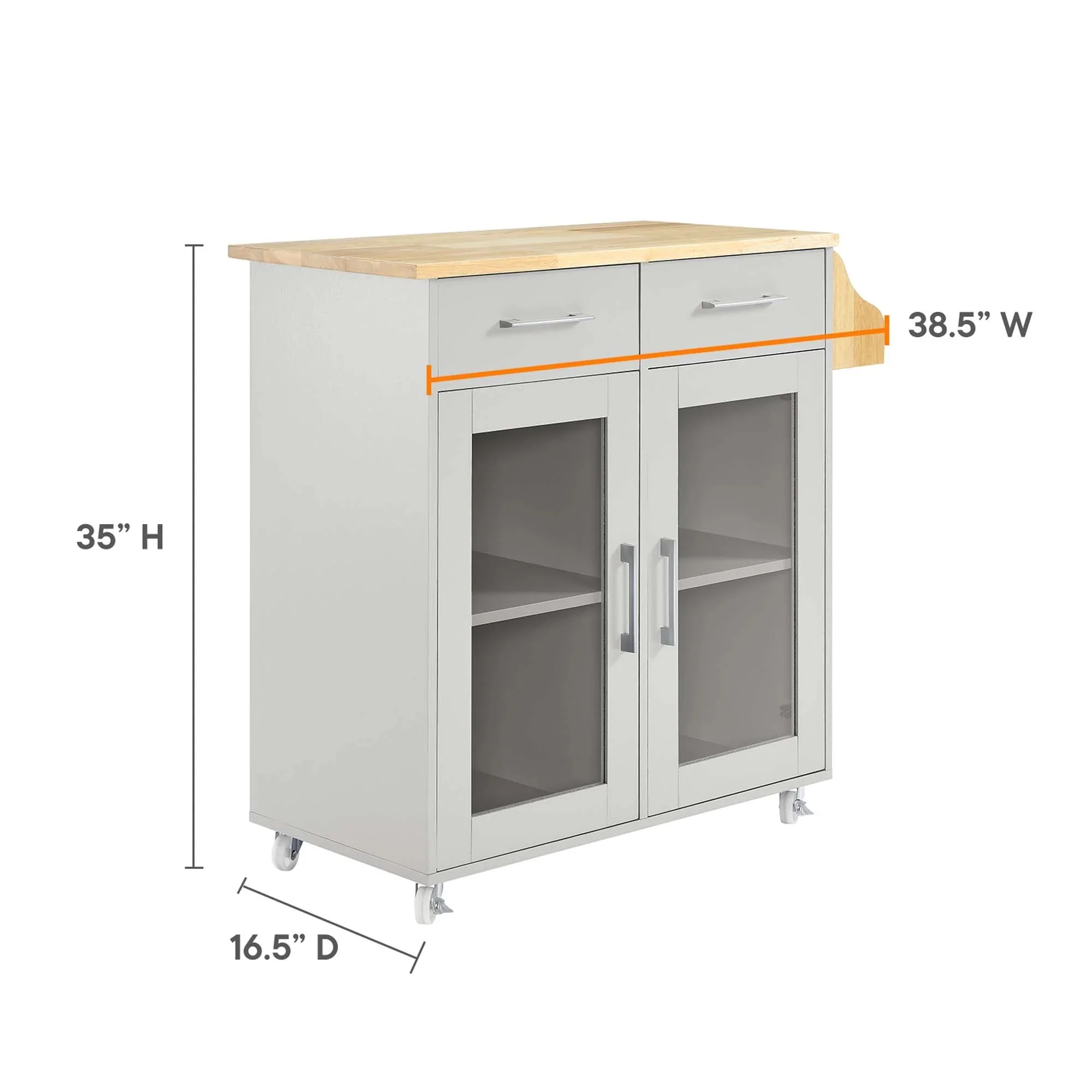 Modern Rolling Kitchen Cart with Rubberwood Top and Spice Rack – Light Gray 33 Inch - Image 3