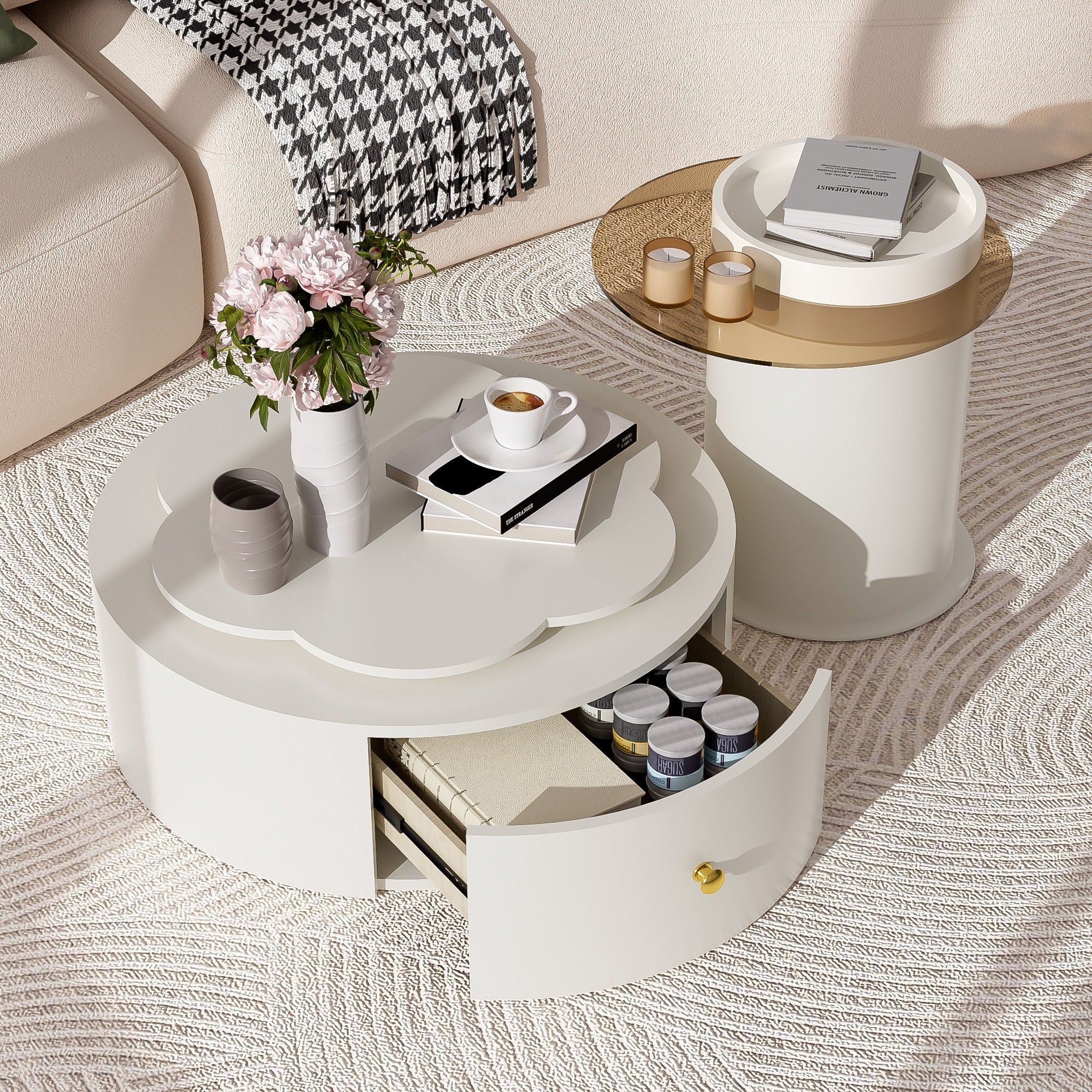 Modern Round Coffee Table (Set of 2), 360 Degree Rotatable Flower Shaped Top With 2 Drawers, Top Circle Side Table End Table With Glass For Living Room - Off White - Image 6