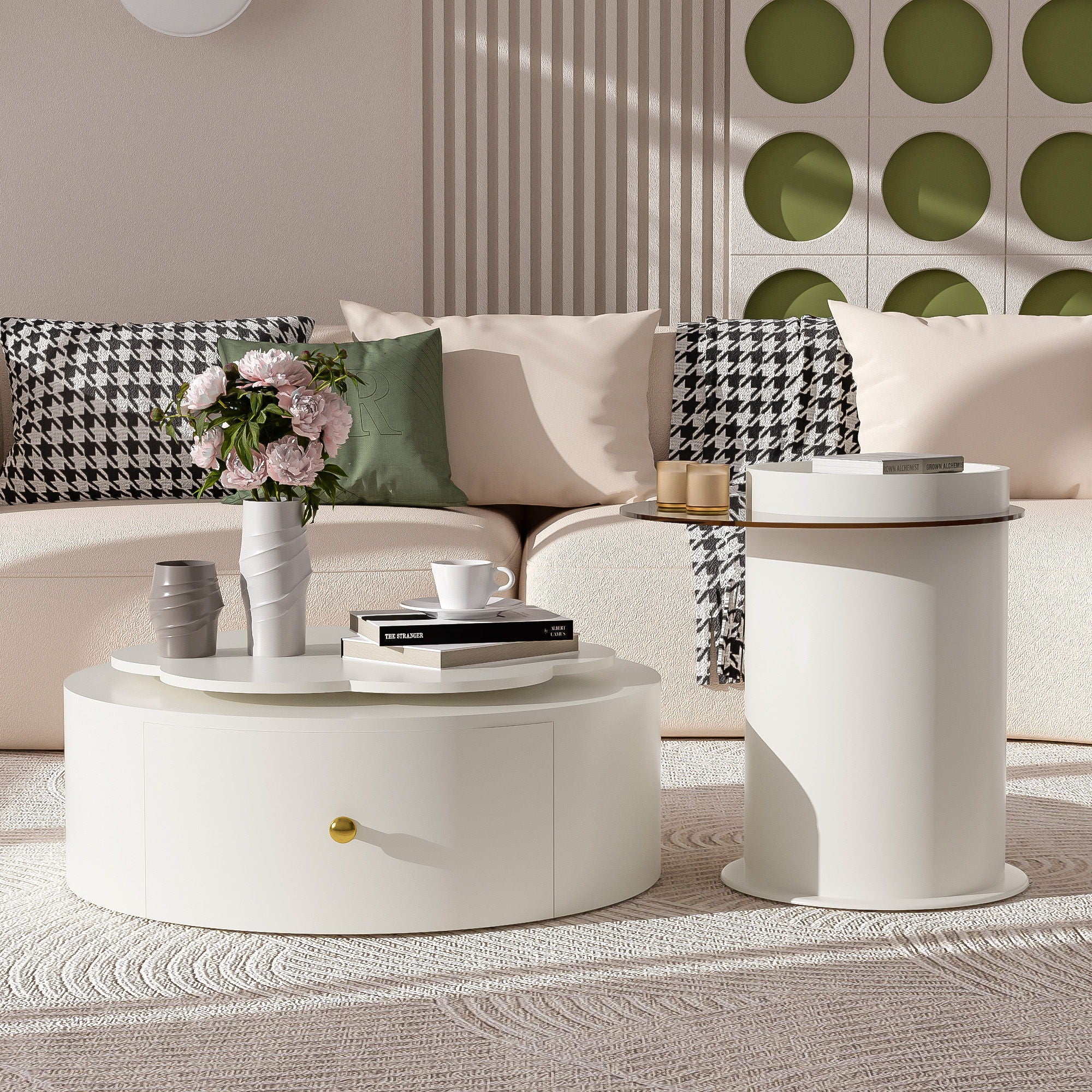 Modern Round Coffee Table (Set of 2), 360 Degree Rotatable Flower Shaped Top With 2 Drawers, Top Circle Side Table End Table With Glass For Living Room - Off White - Image 8