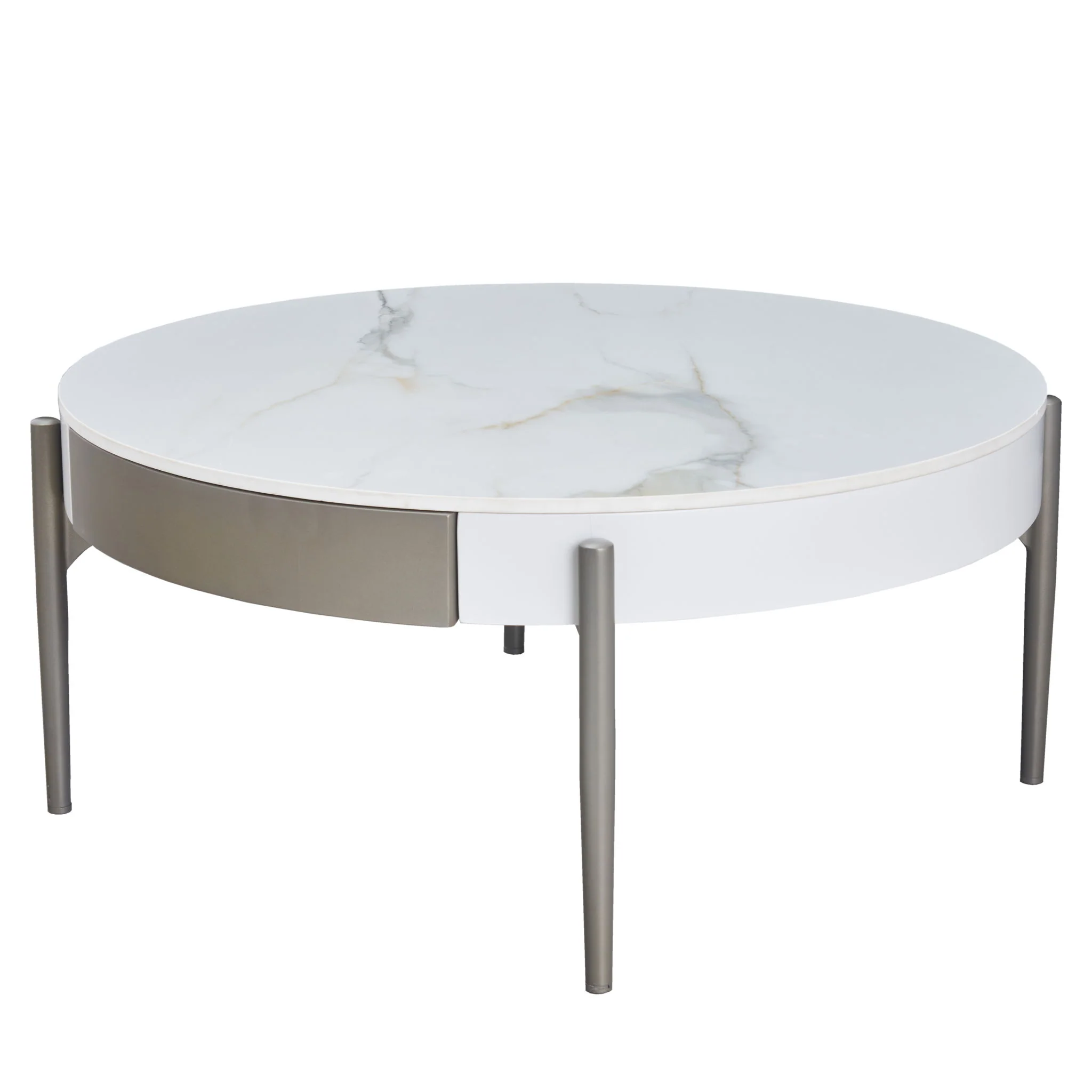 Modern Round Coffee Table With Storage Drawers Handcrafted Ceramic Inlay Tabletop 2 Tone Wood Legs Scandinavian Living Room Center Table - White / Gray