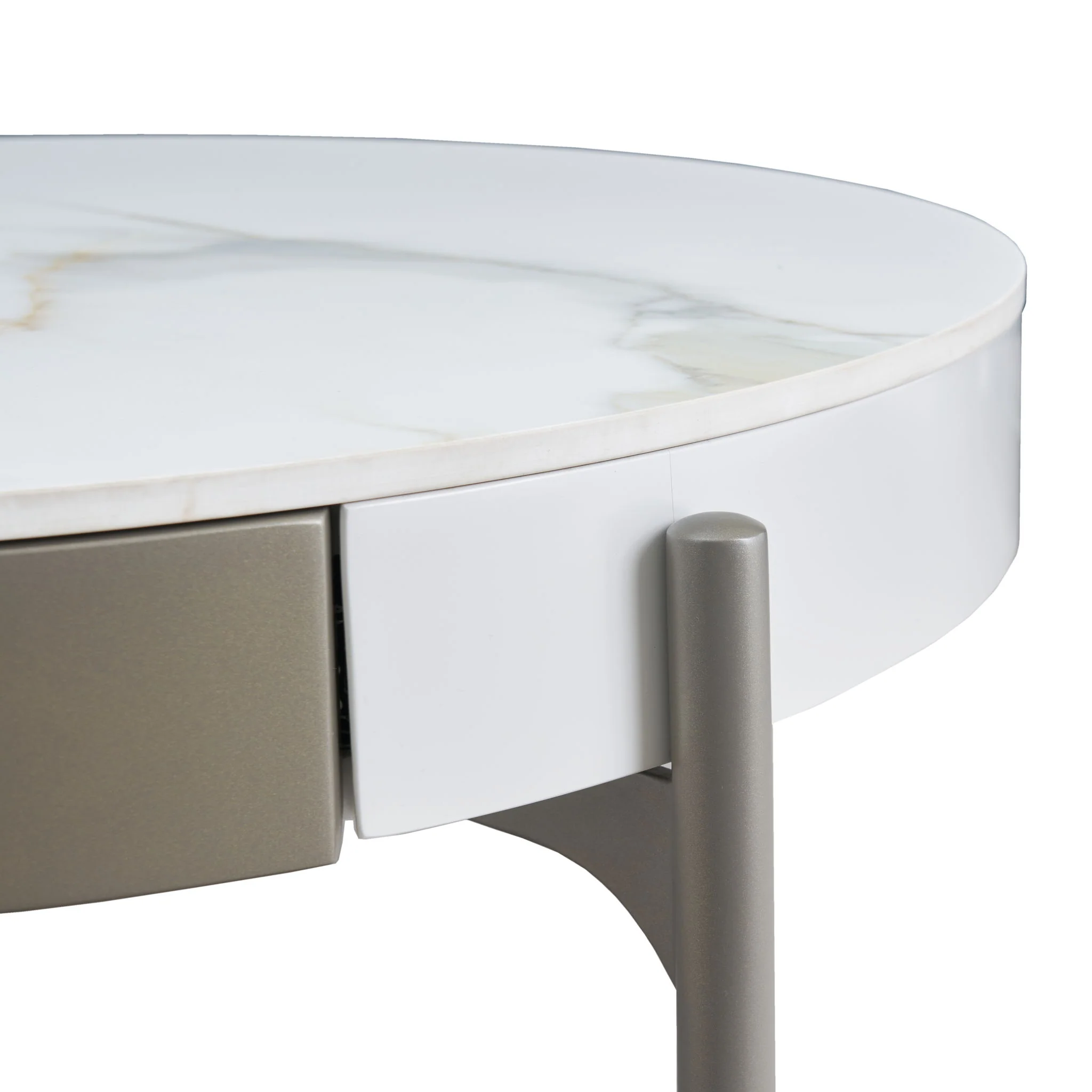 Modern Round Coffee Table With Storage Drawers Handcrafted Ceramic Inlay Tabletop 2 Tone Wood Legs Scandinavian Living Room Center Table - White / Gray - Image 2