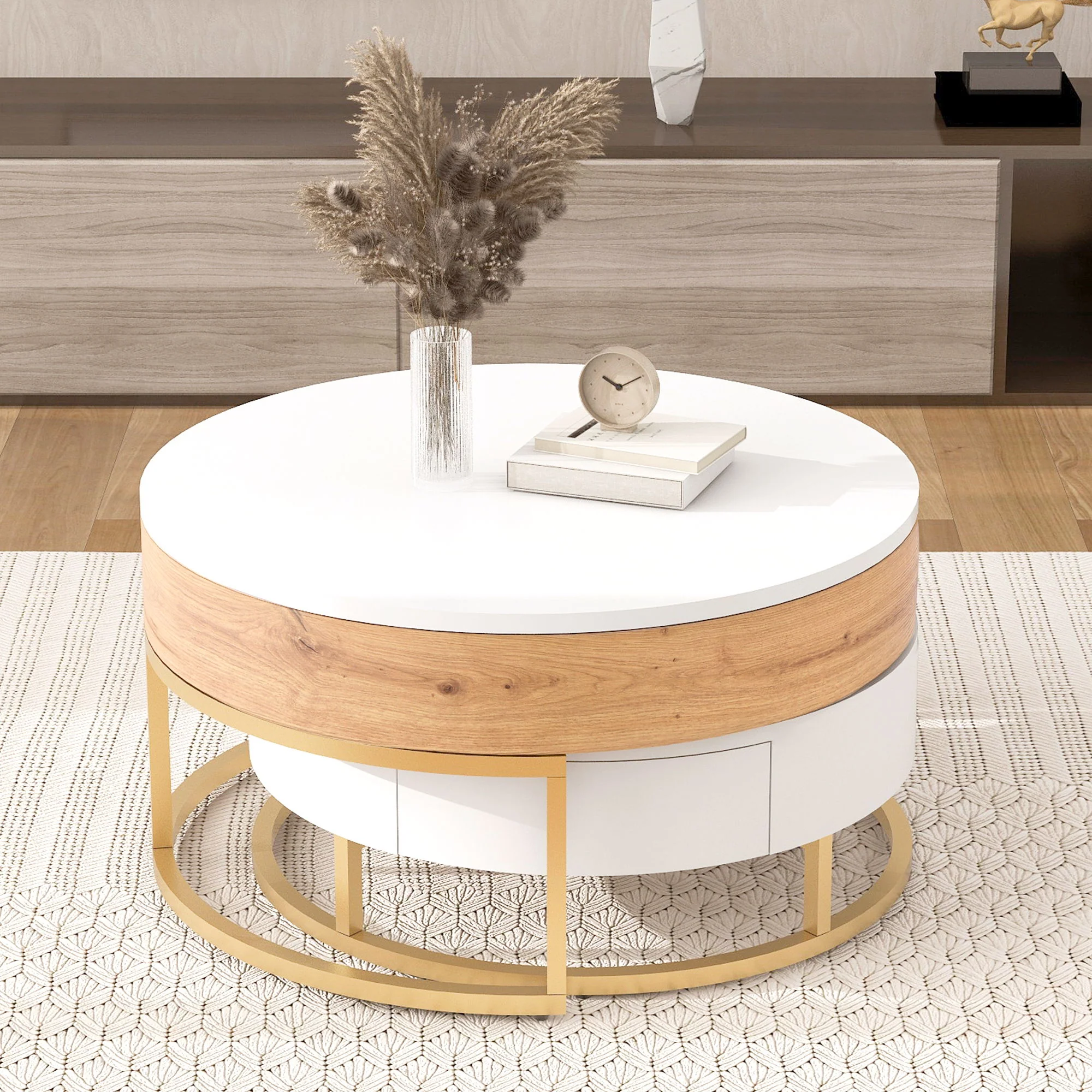 Modern Round Lift-Top Nesting Coffee Tables With 2 Drawers - Image 12
