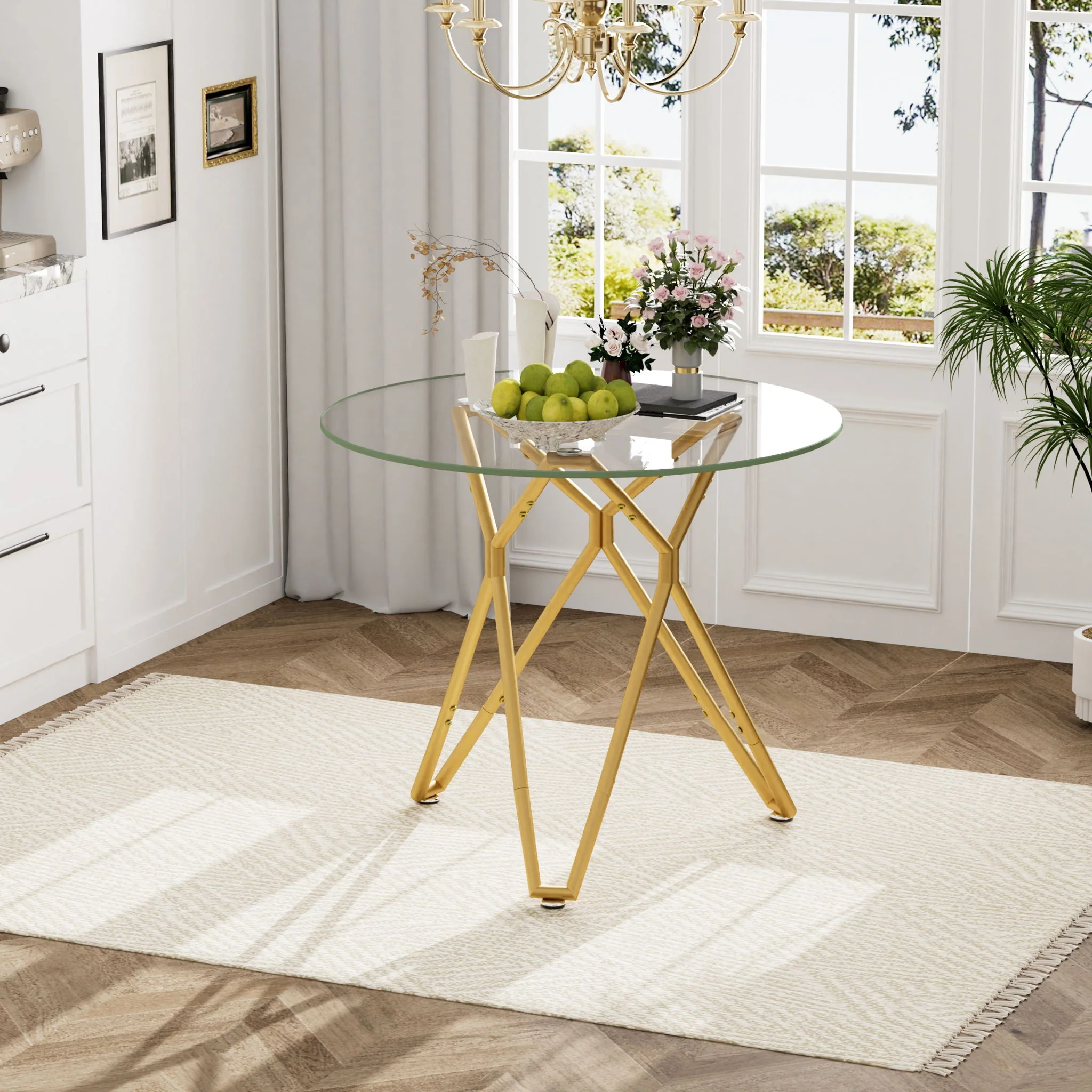 Modern Round Tempered Glass Dining Table With Sturdy Metal Legs For 1 - 4 People - Gold - Image 4