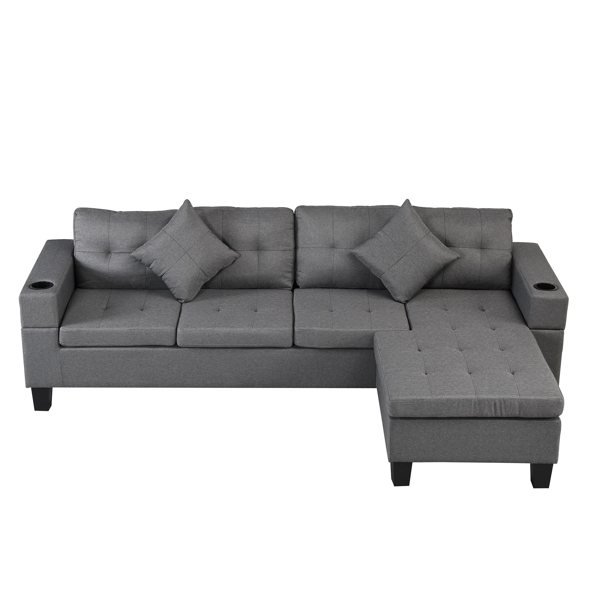 Modern Sectional Sofa Set With L Shape Chaise Lounge, Cup Holder, 4 Seat - Gray - Image 5