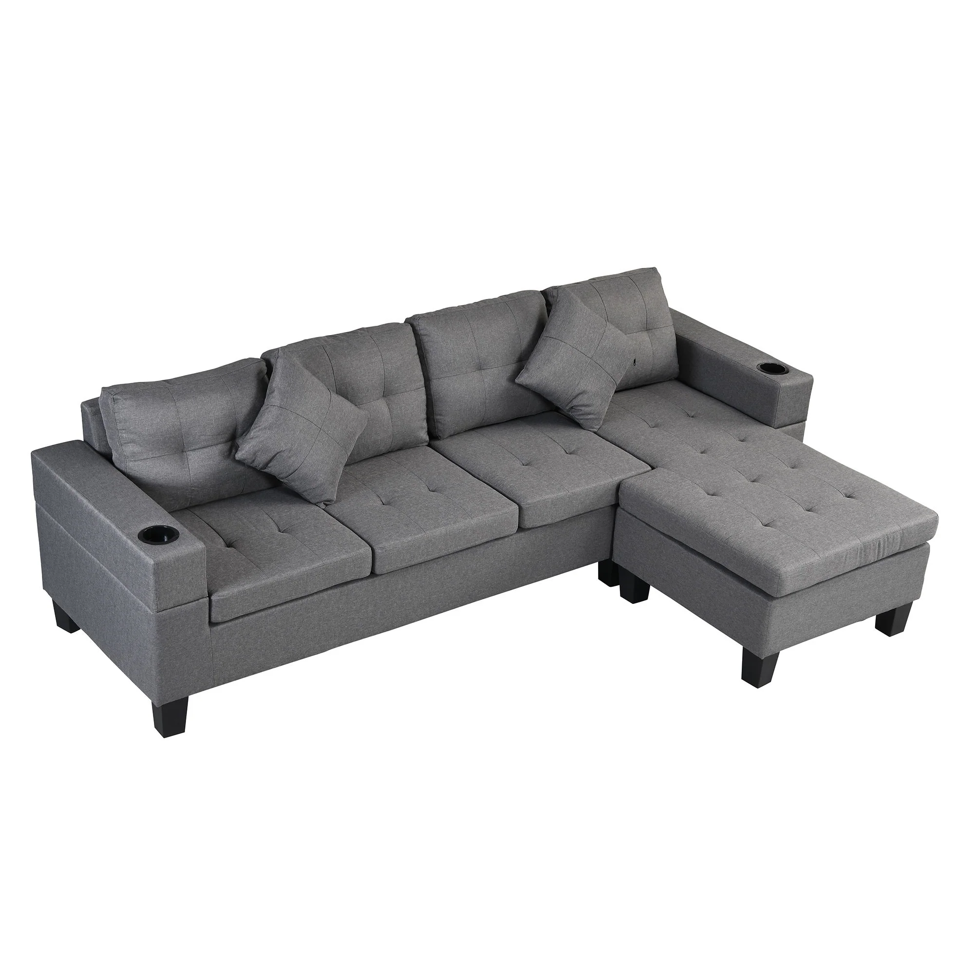 Modern Sectional Sofa Set With L Shape Chaise Lounge, Cup Holder, 4 Seat - Gray - Image 9