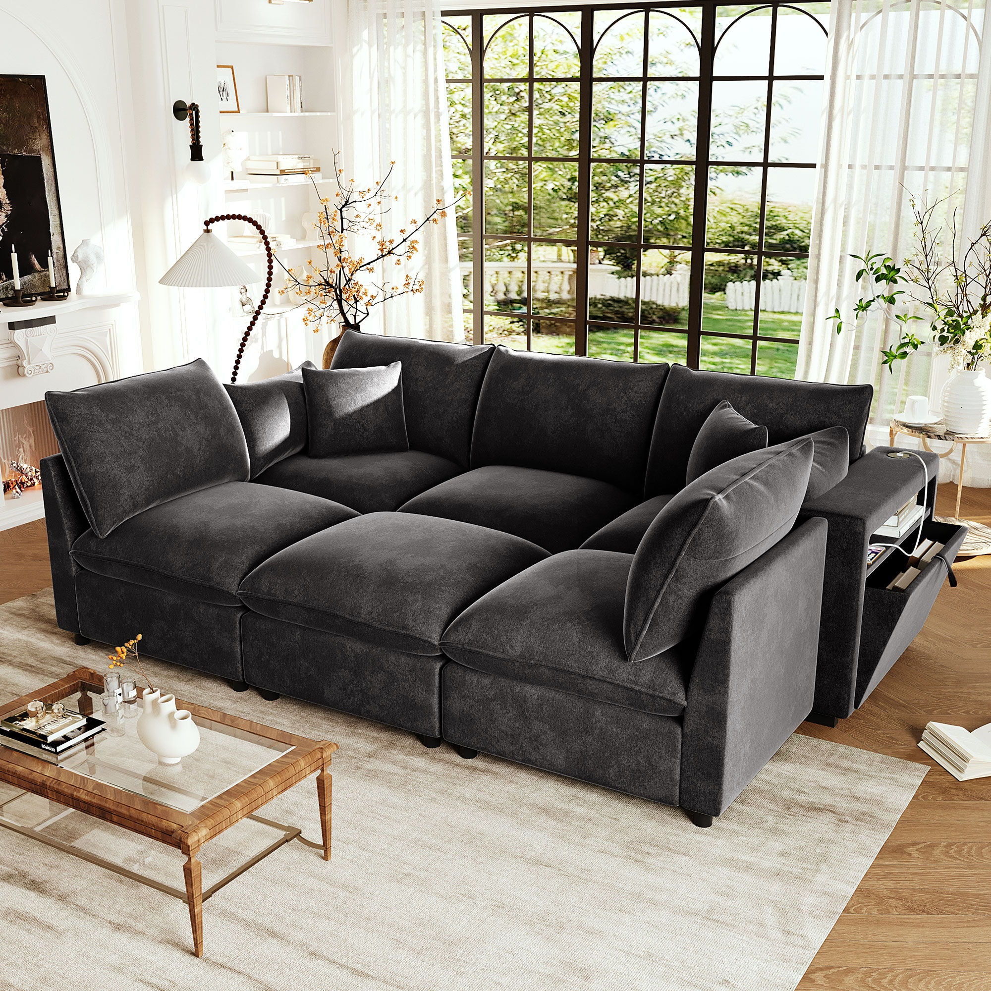 Modern Sectional Sofa U-Shaped With Movable Ottoman Storage Armrests And USB Ports - Image 13