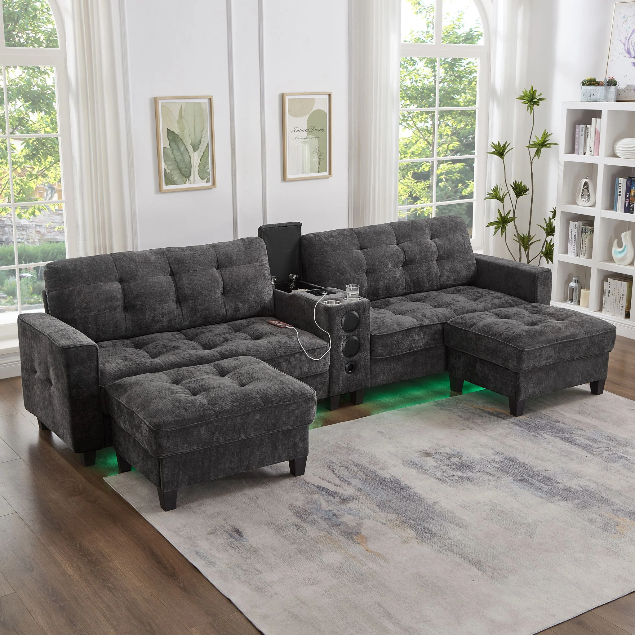 Modern Sectional Sofa U-Shaped With Movable Ottomans, tooth Speakers, LED Lights And Modular Storage - Image 20