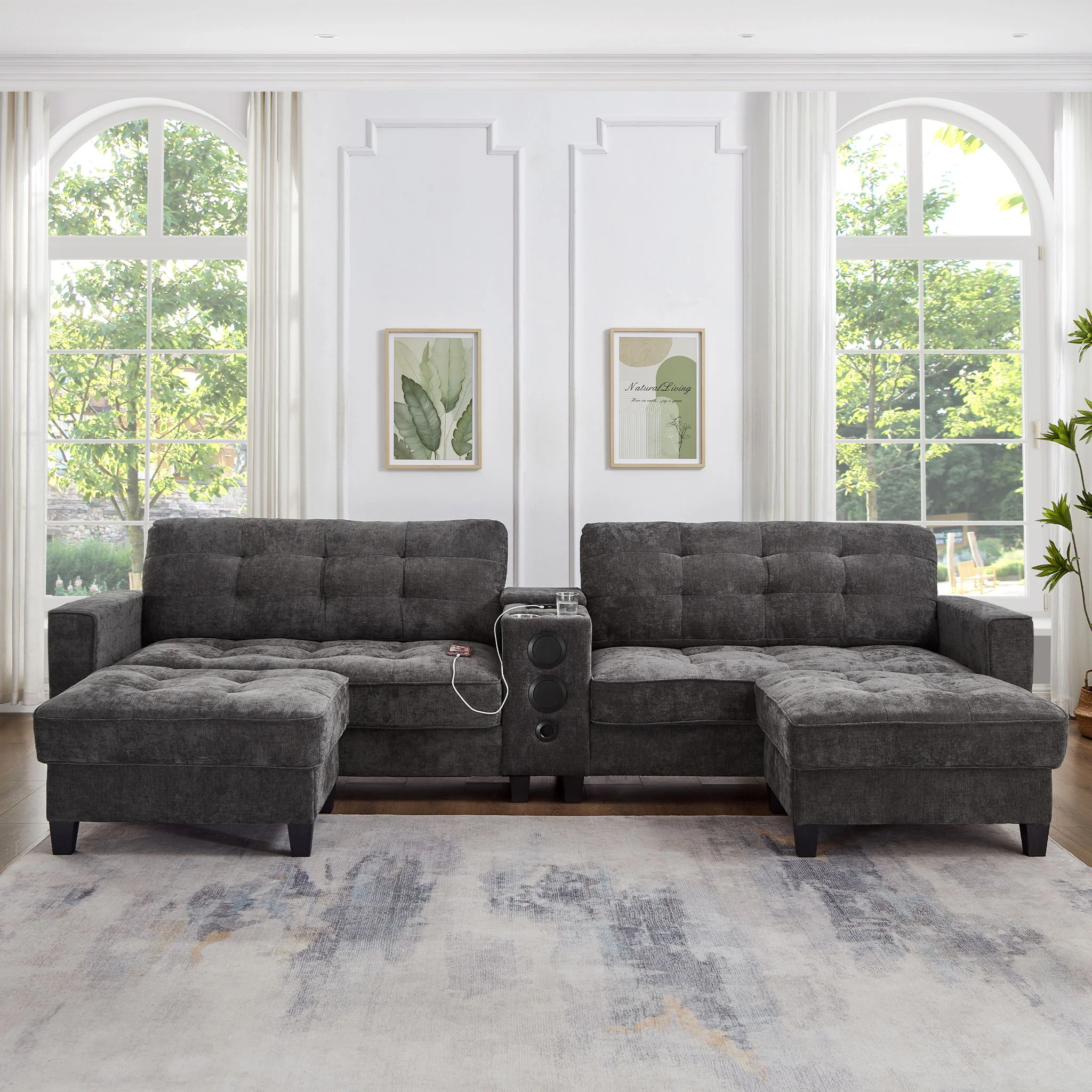 Modern Sectional Sofa U-Shaped With Movable Ottomans, tooth Speakers, LED Lights And Modular Storage - Image 22