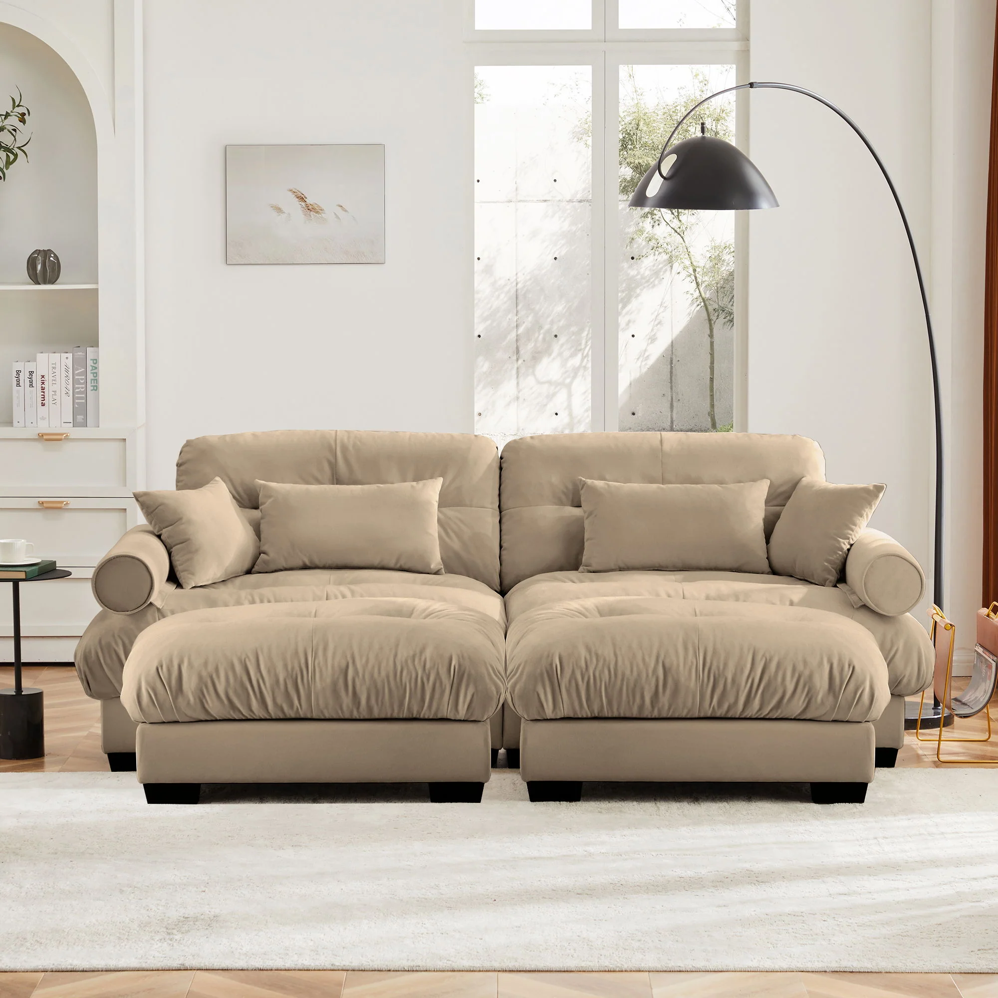 Modern Sectional Sofa With Ottoman, Round Bolster Armrests, Waist And Throw Pillows - Image 17