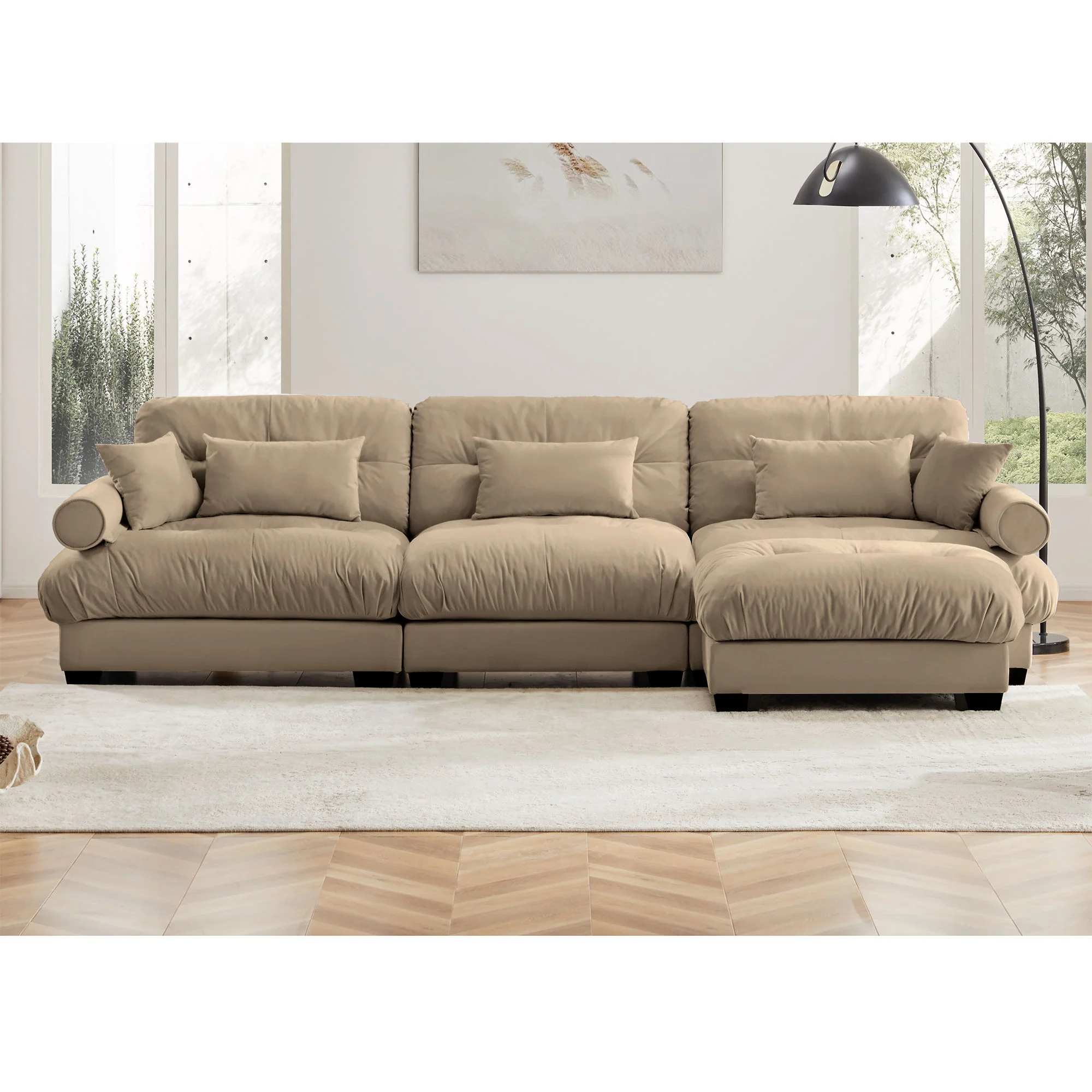Modern Sectional Sofa With Ottoman, Round Bolster Armrests, Waist And Throw Pillows - Image 27