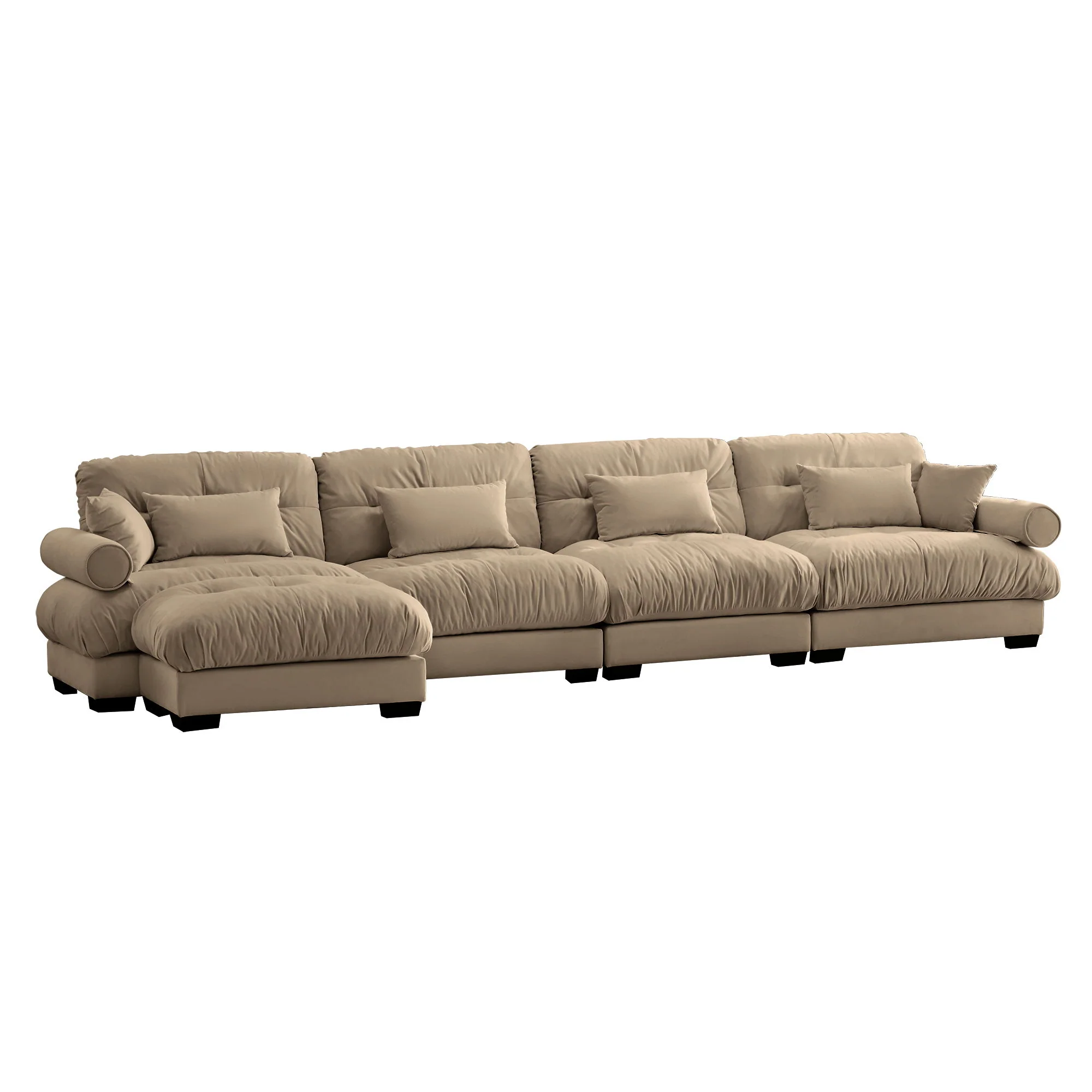 Modern Sectional Sofa With Ottoman, Round Bolster Armrests, Waist And Throw Pillows - Image 5