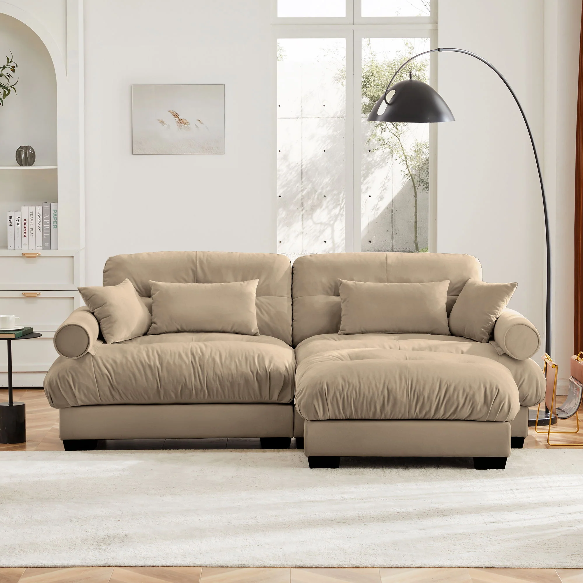 Modern Sectional Sofa With Ottoman, Round Bolster Armrests, Waist And Throw Pillows - Image 7