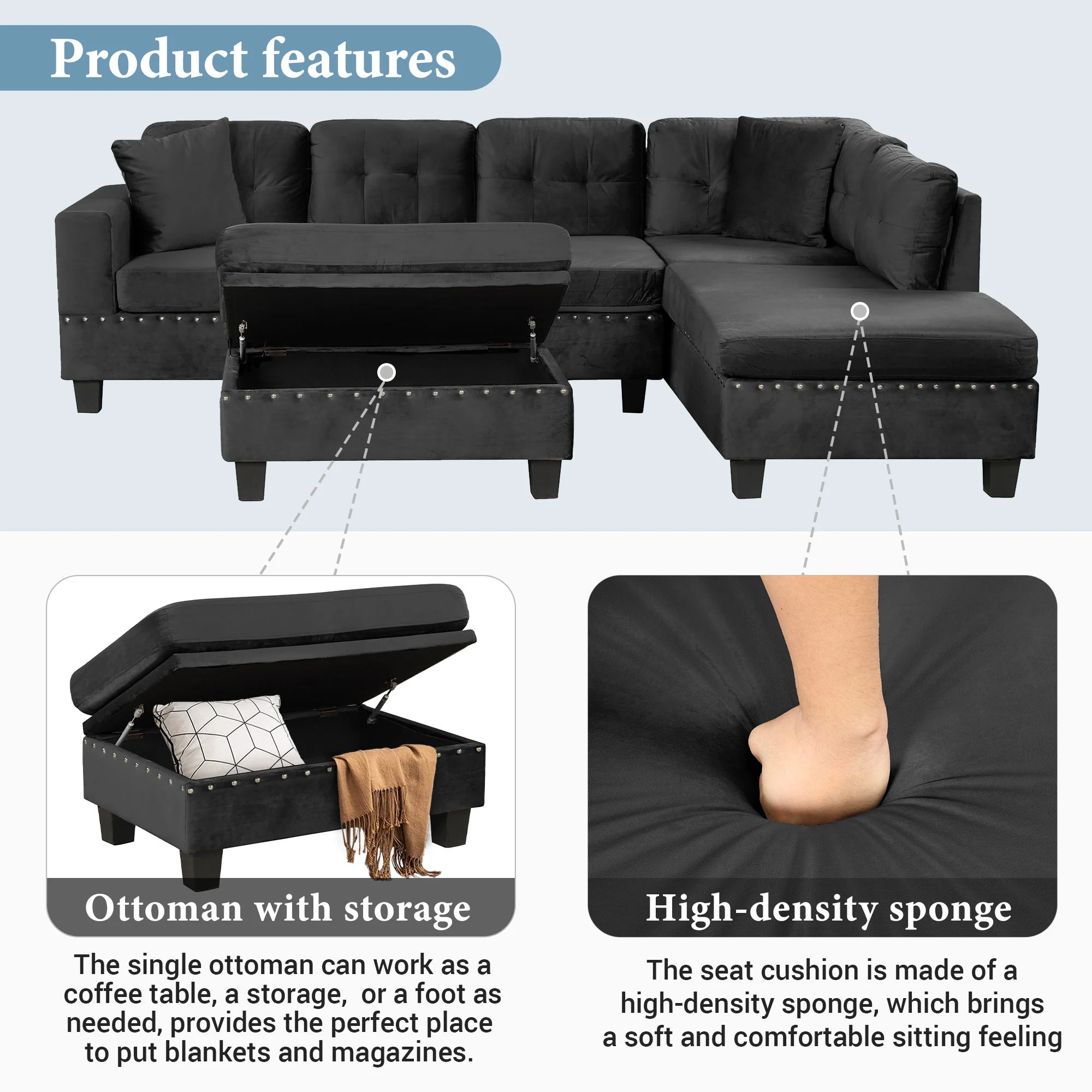 Modern Sectional Sofa With Storage Ottoman, L - Shape Couch With 2 Pillows And Cup Holders - Image 10